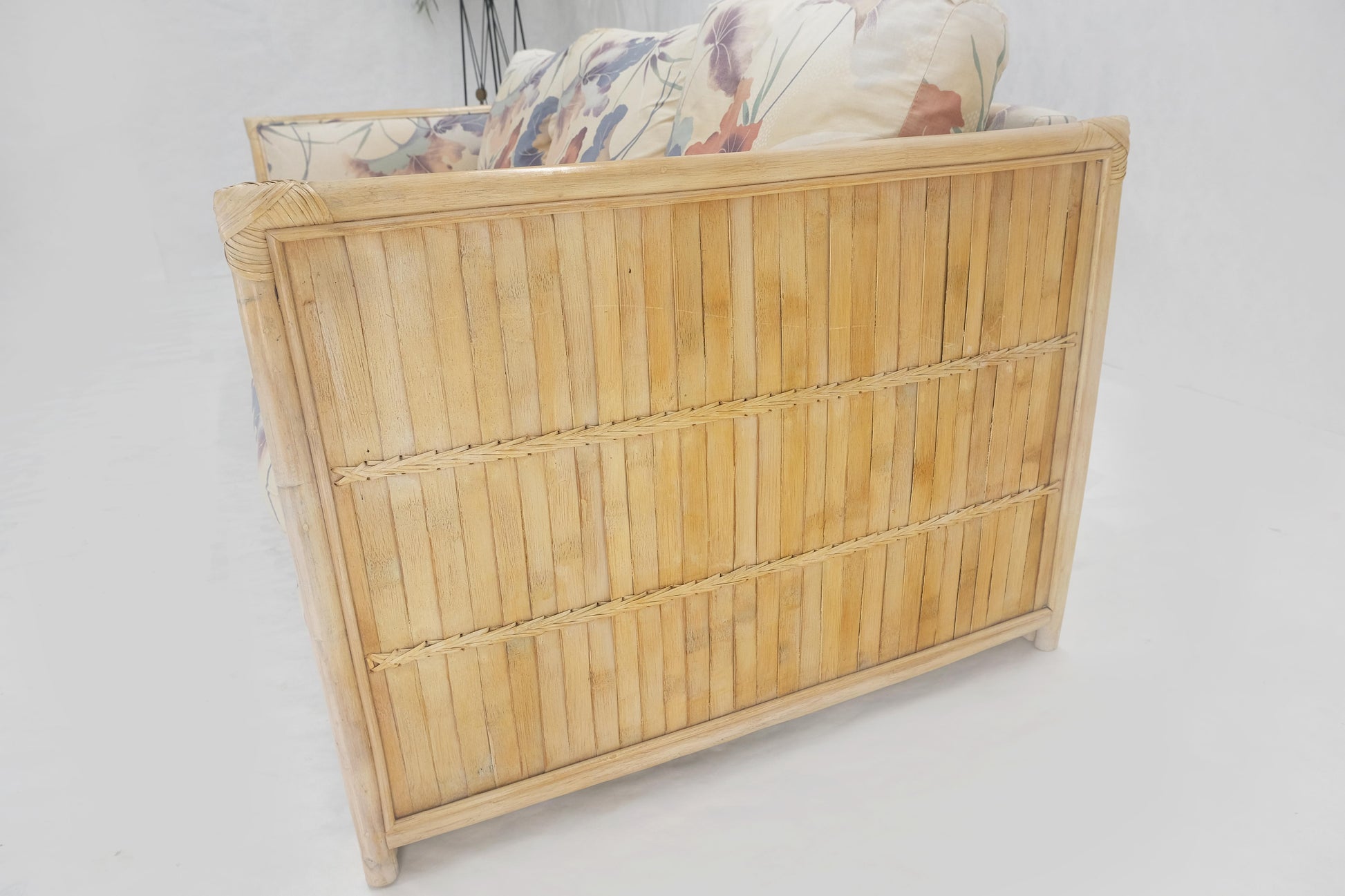 EstablishedLines Mid Century Three Seater Bamboo Frame Flowered Upholstery Sofa Couch