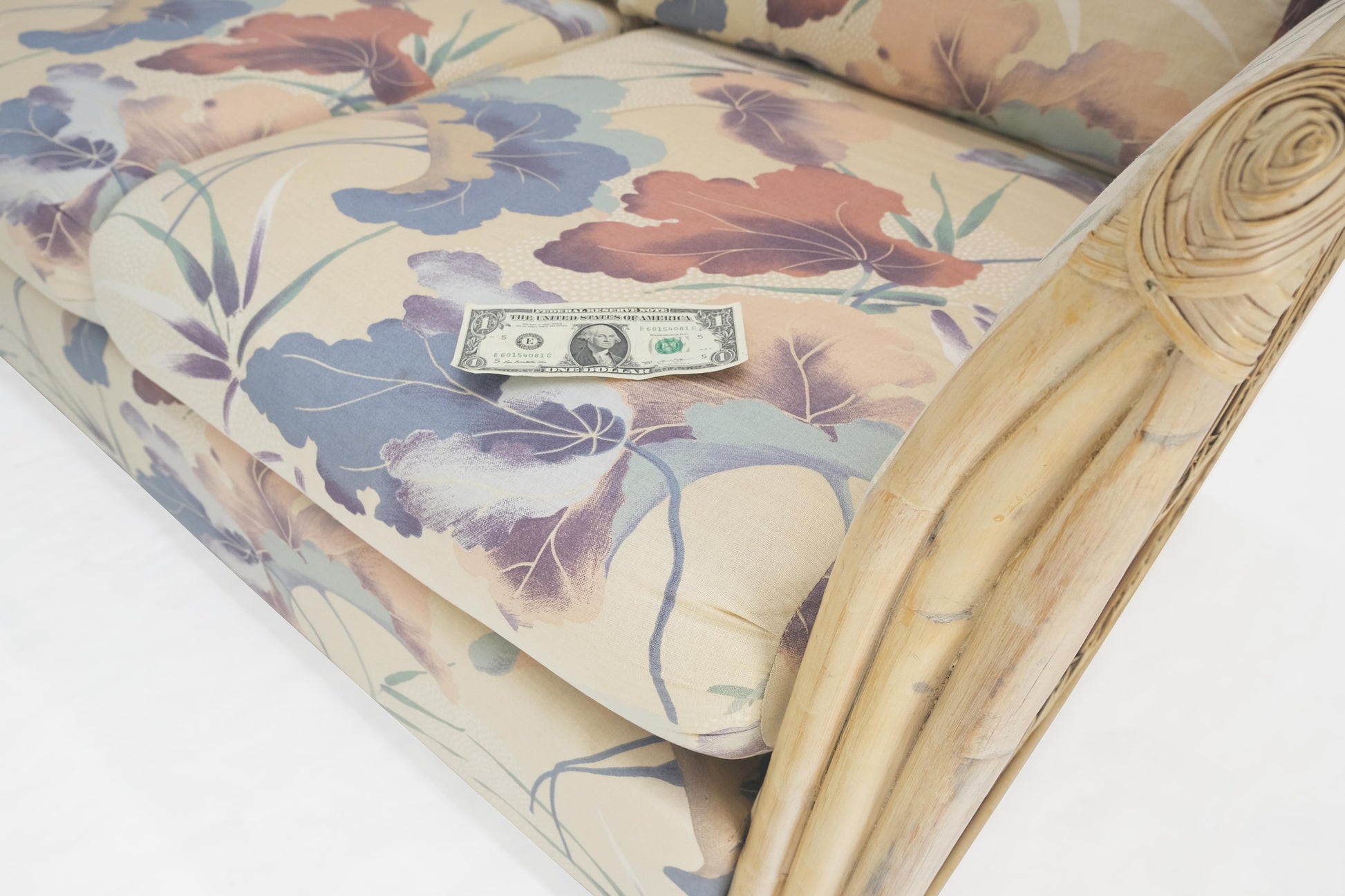 EstablishedLines Mid Century Three Seater Bamboo Frame Flowered Upholstery Sofa Couch