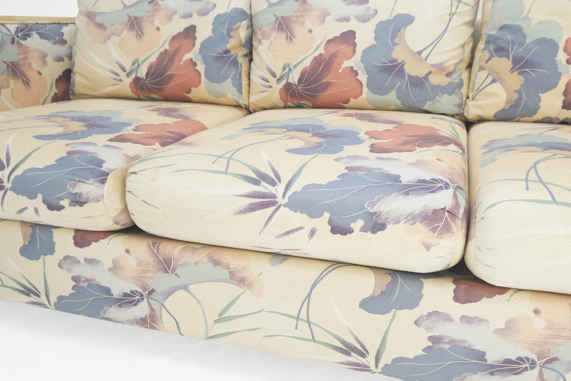 EstablishedLines Mid Century Three Seater Bamboo Frame Flowered Upholstery Sofa Couch