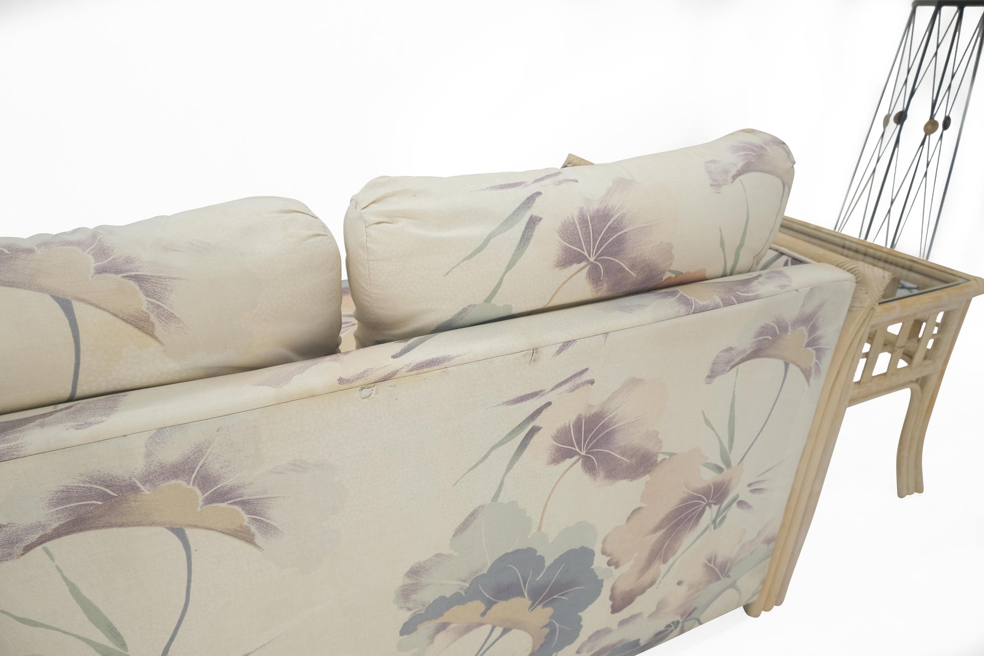 EstablishedLines Mid Century Three Seater Bamboo Frame Flowered Upholstery Sofa Couch