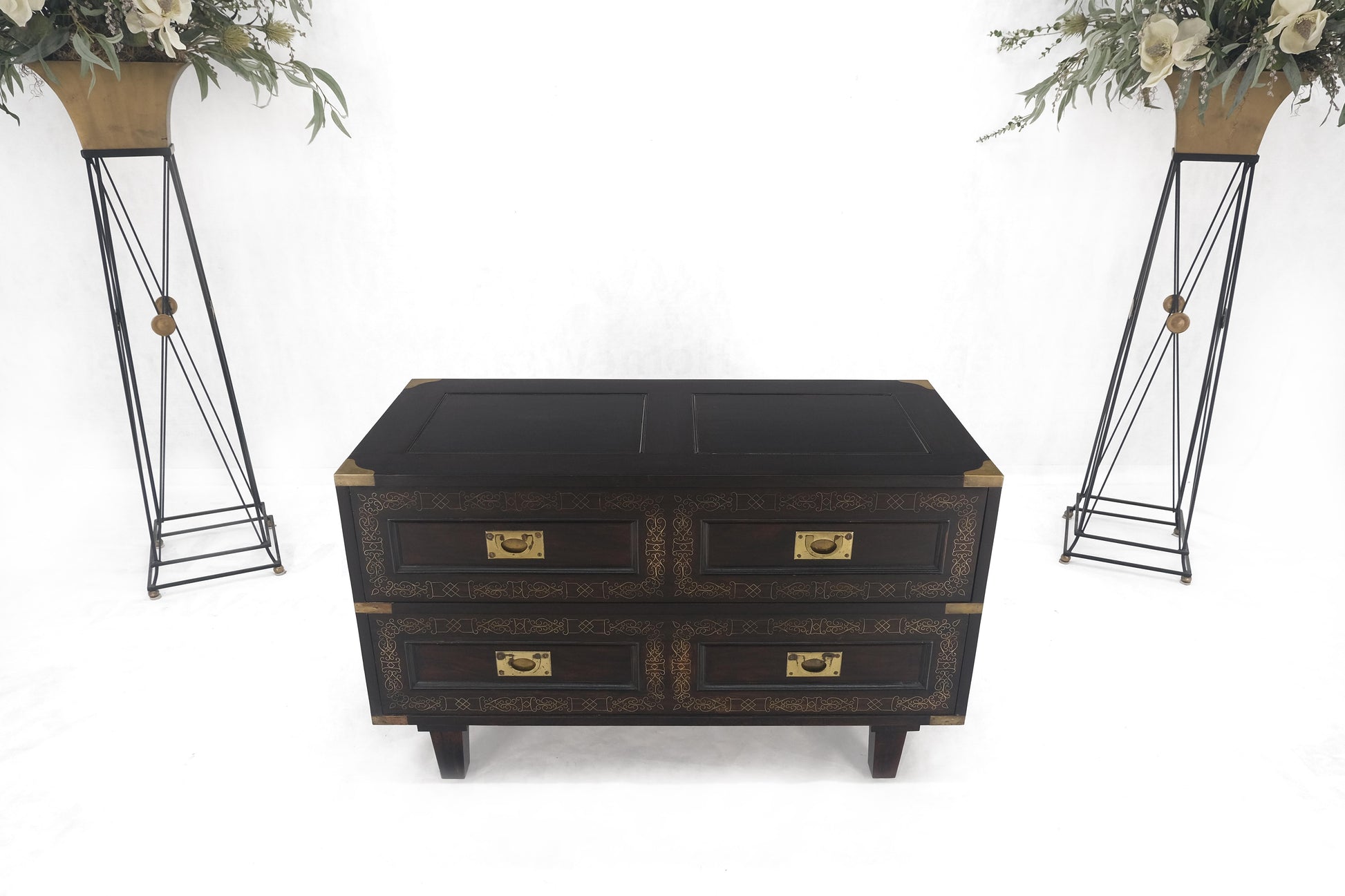 EstablishedLines Campaign Style Ebonized Mahogany Brass Inlay Two Drawers Small Dresser Chest