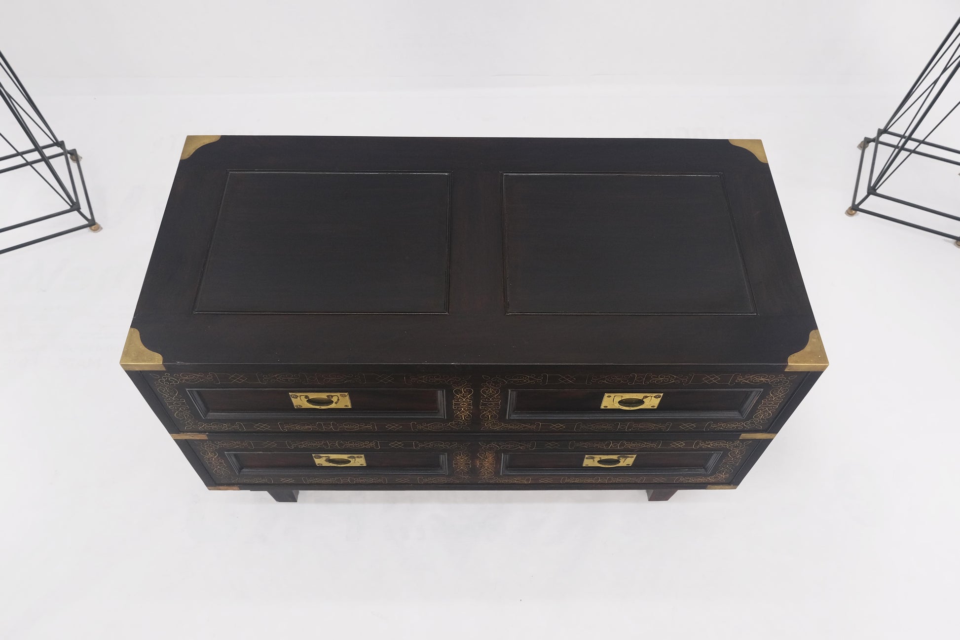 EstablishedLines Campaign Style Ebonized Mahogany Brass Inlay Two Drawers Small Dresser Chest