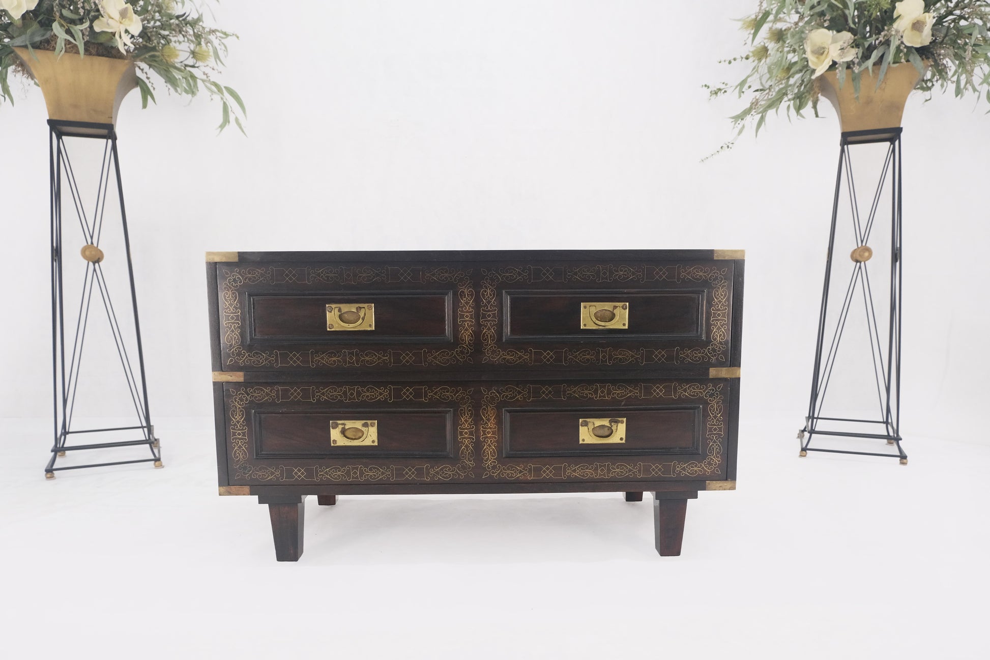 EstablishedLines Campaign Style Ebonized Mahogany Brass Inlay Two Drawers Small Dresser Chest