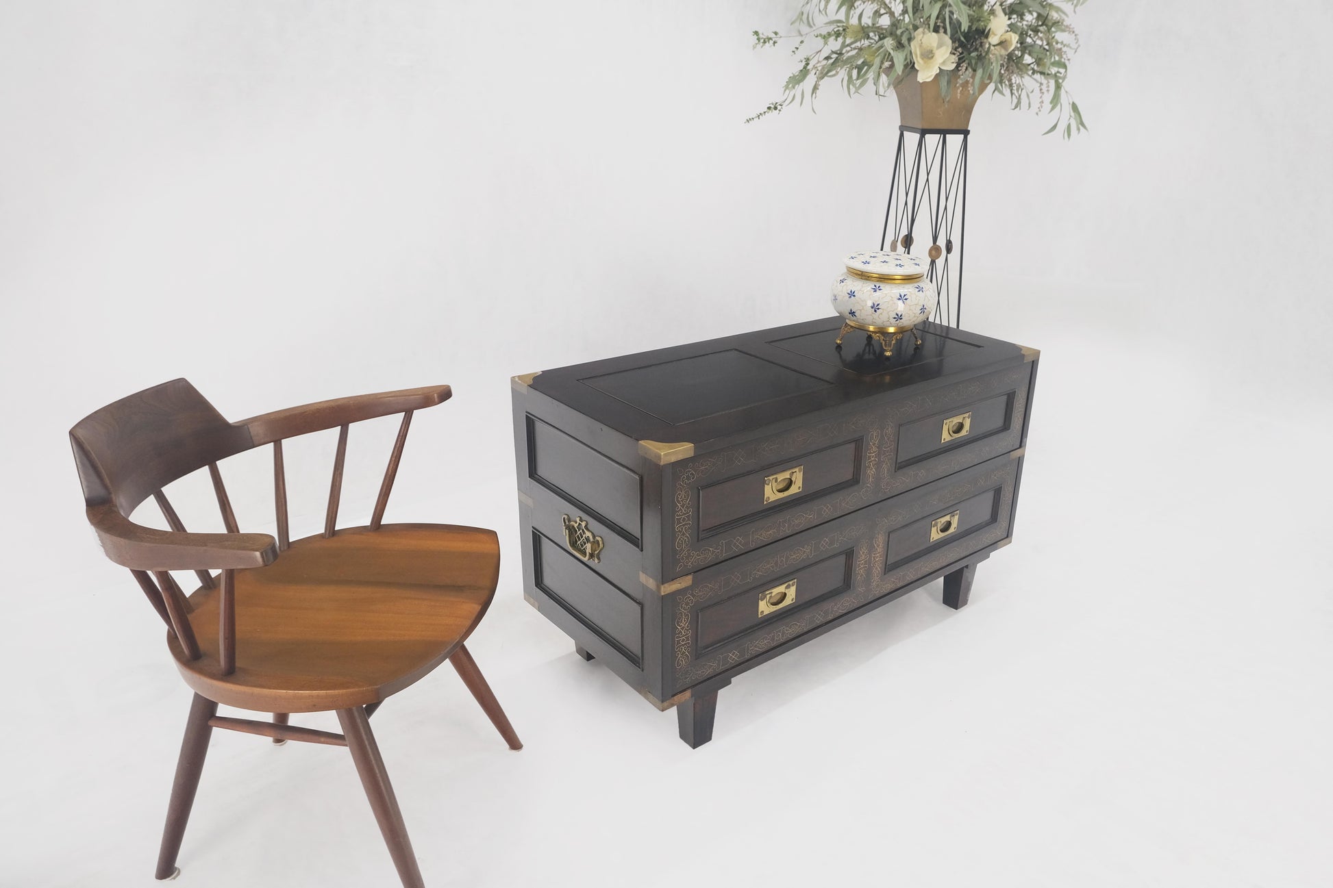 EstablishedLines Campaign Style Ebonized Mahogany Brass Inlay Two Drawers Small Dresser Chest