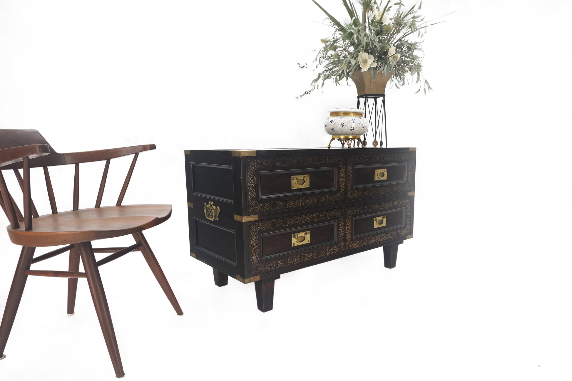 EstablishedLines Campaign Style Ebonized Mahogany Brass Inlay Two Drawers Small Dresser Chest