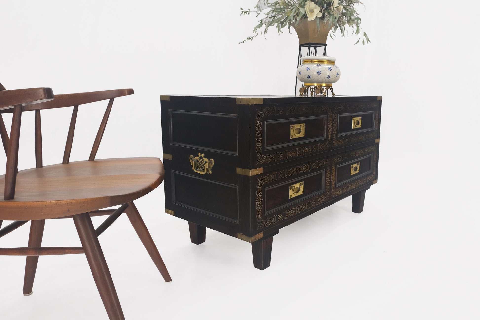 EstablishedLines Campaign Style Ebonized Mahogany Brass Inlay Two Drawers Small Dresser Chest