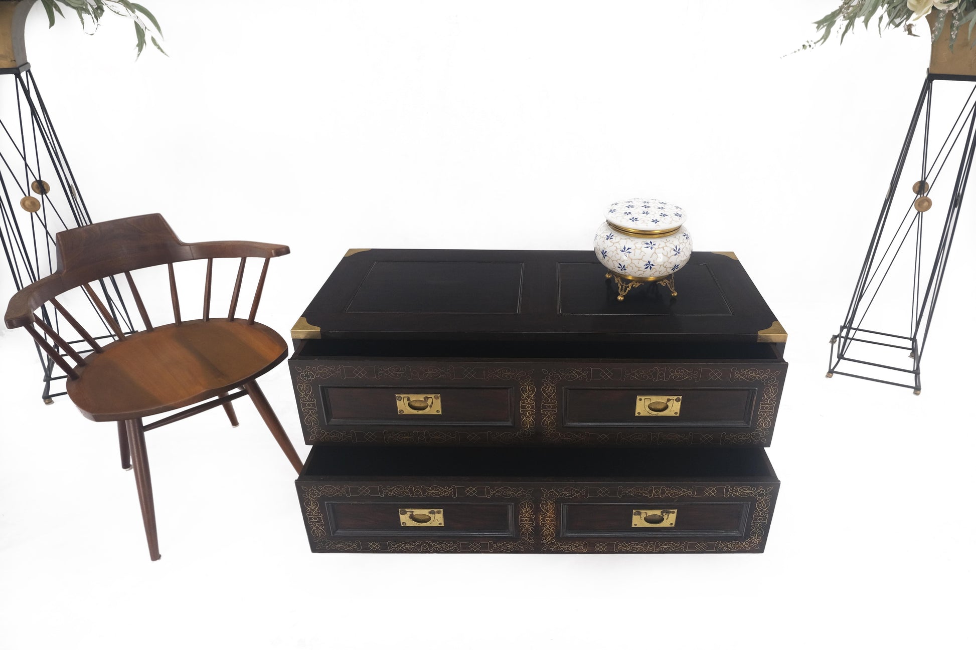 EstablishedLines Campaign Style Ebonized Mahogany Brass Inlay Two Drawers Small Dresser Chest