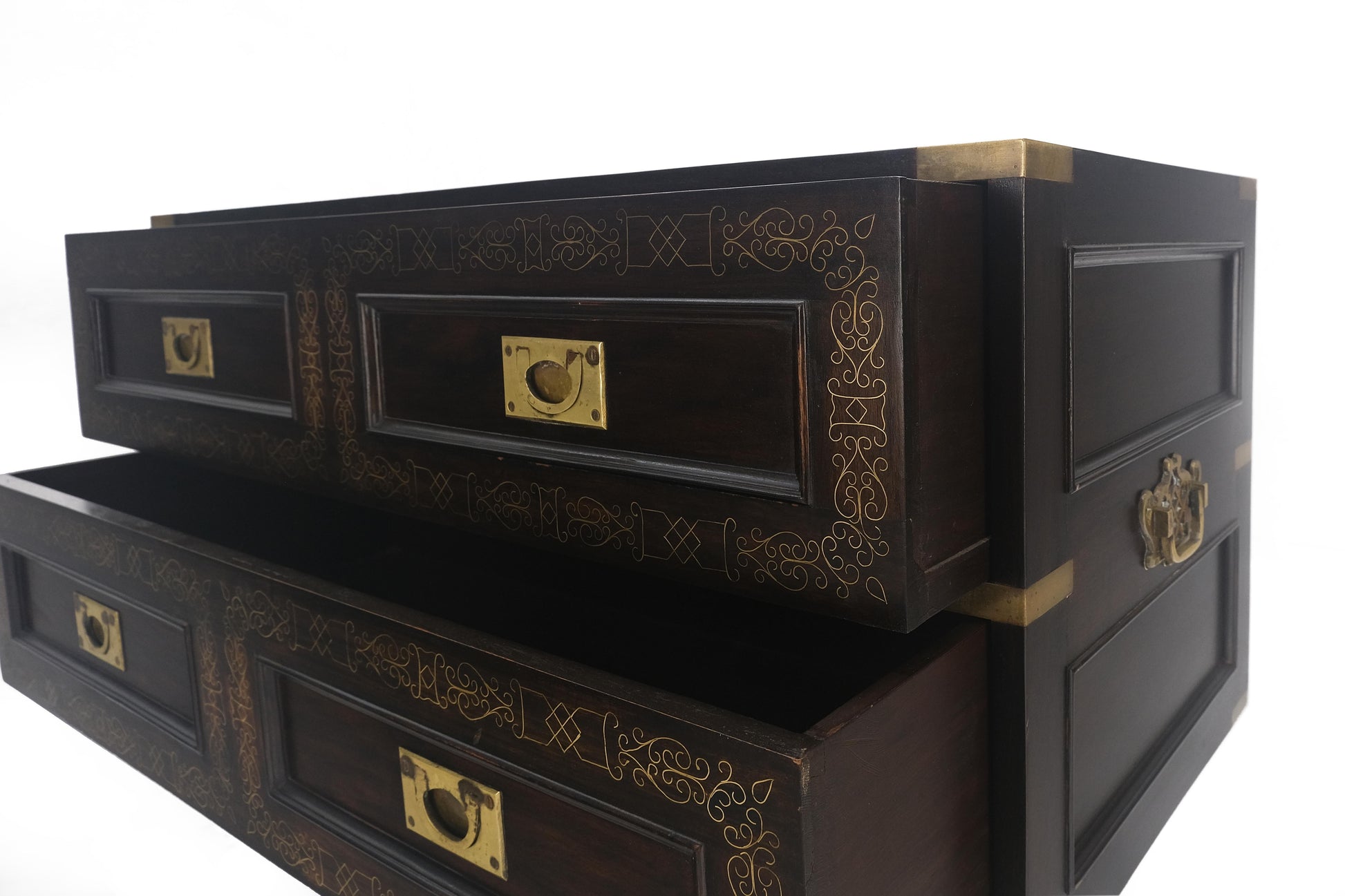 EstablishedLines Campaign Style Ebonized Mahogany Brass Inlay Two Drawers Small Dresser Chest