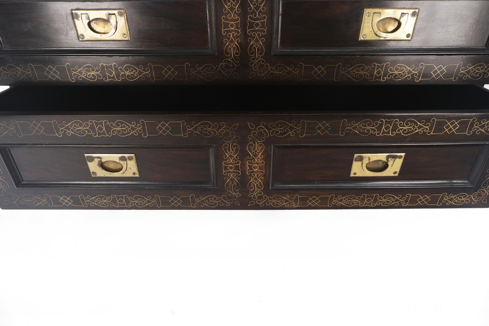 EstablishedLines Campaign Style Ebonized Mahogany Brass Inlay Two Drawers Small Dresser Chest