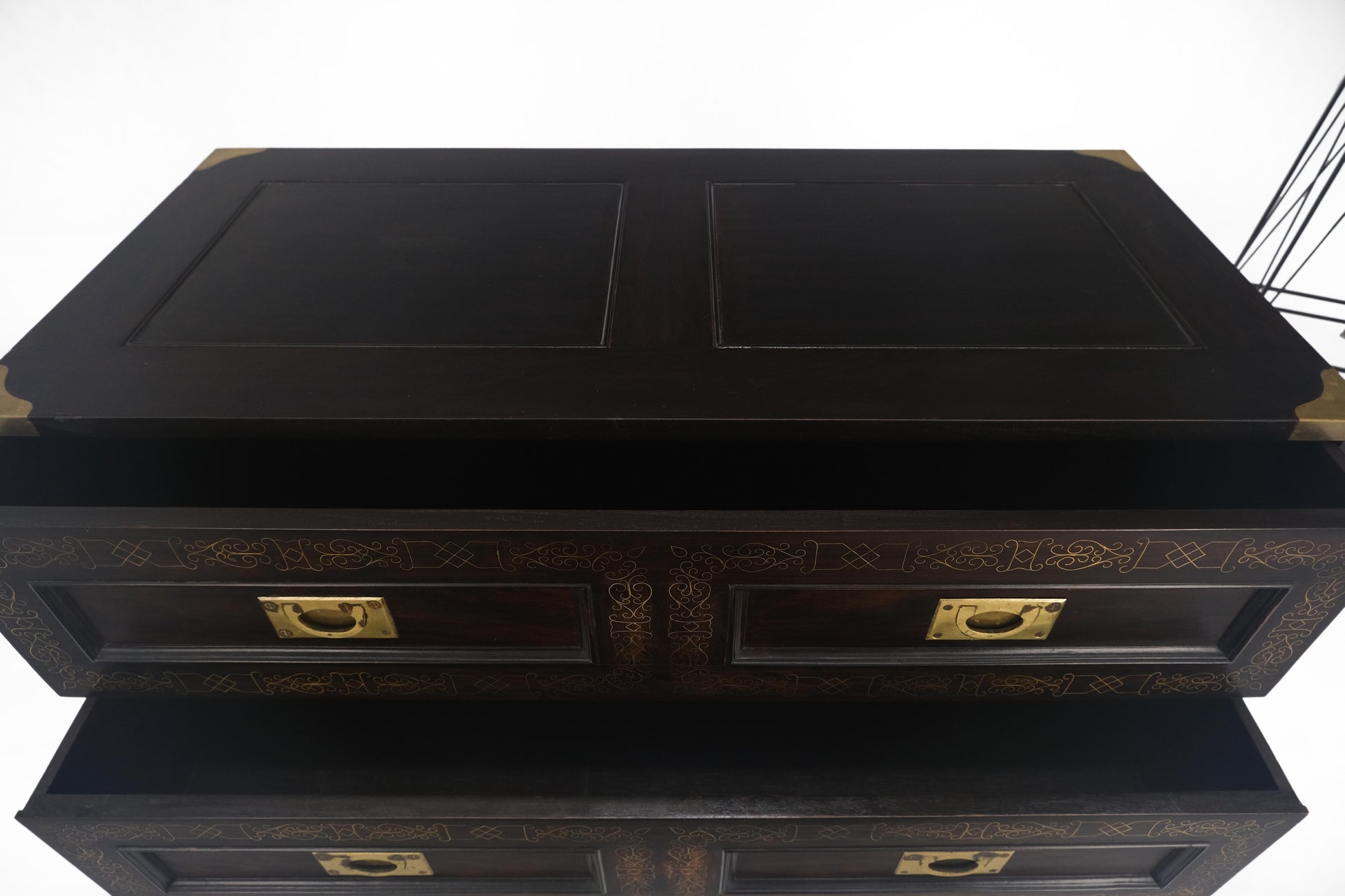 EstablishedLines Campaign Style Ebonized Mahogany Brass Inlay Two Drawers Small Dresser Chest