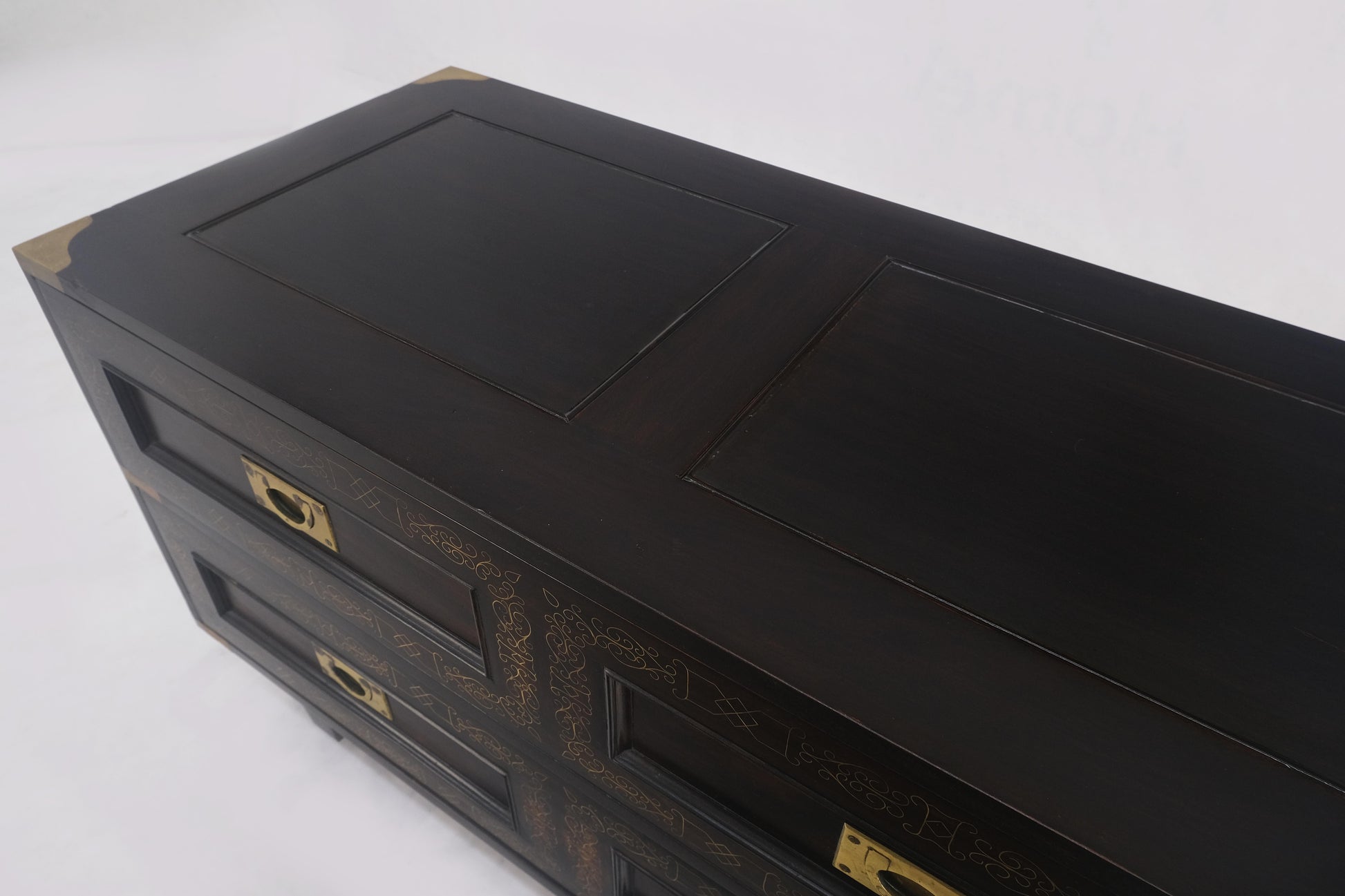 EstablishedLines Campaign Style Ebonized Mahogany Brass Inlay Two Drawers Small Dresser Chest