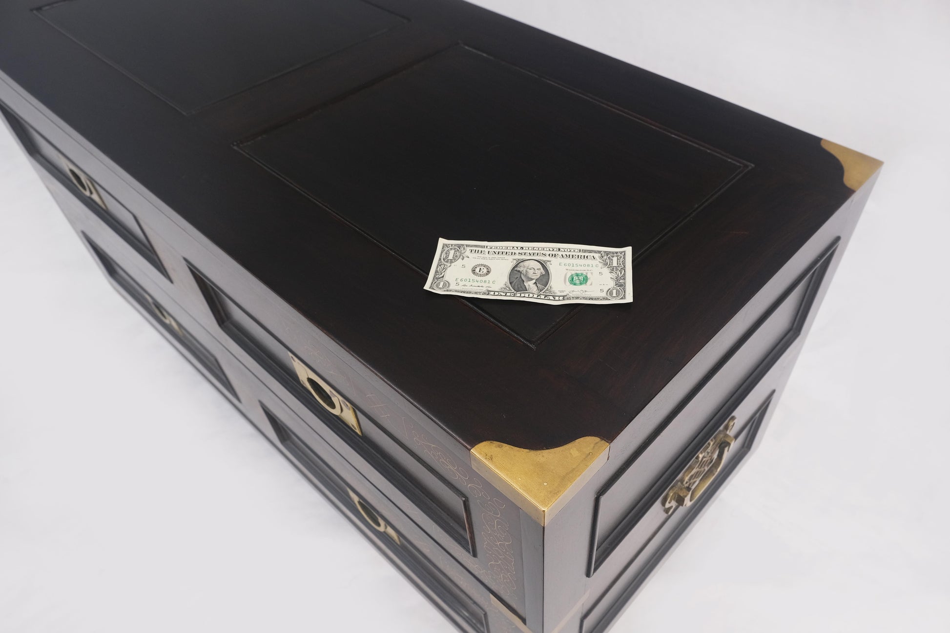 EstablishedLines Campaign Style Ebonized Mahogany Brass Inlay Two Drawers Small Dresser Chest