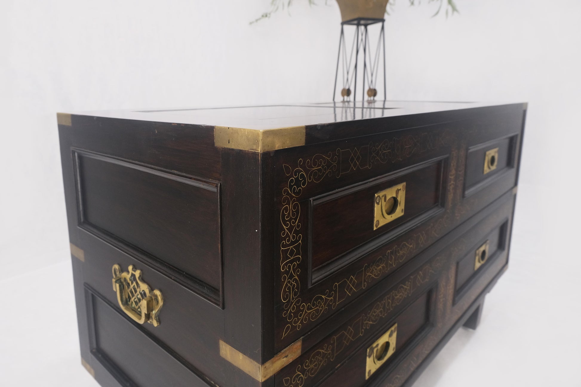 EstablishedLines Campaign Style Ebonized Mahogany Brass Inlay Two Drawers Small Dresser Chest