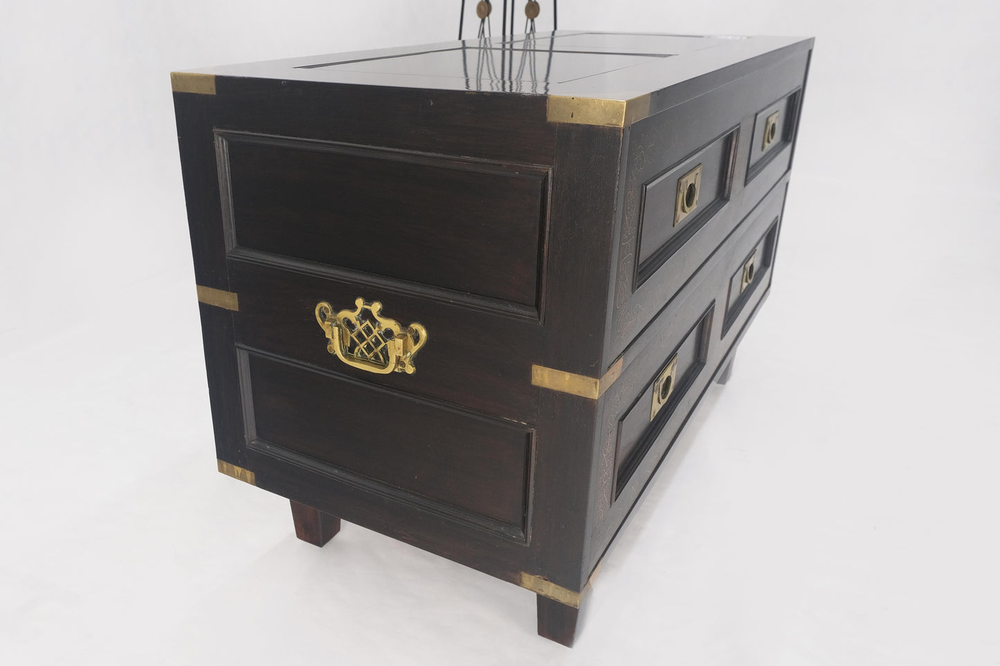 EstablishedLines Campaign Style Ebonized Mahogany Brass Inlay Two Drawers Small Dresser Chest