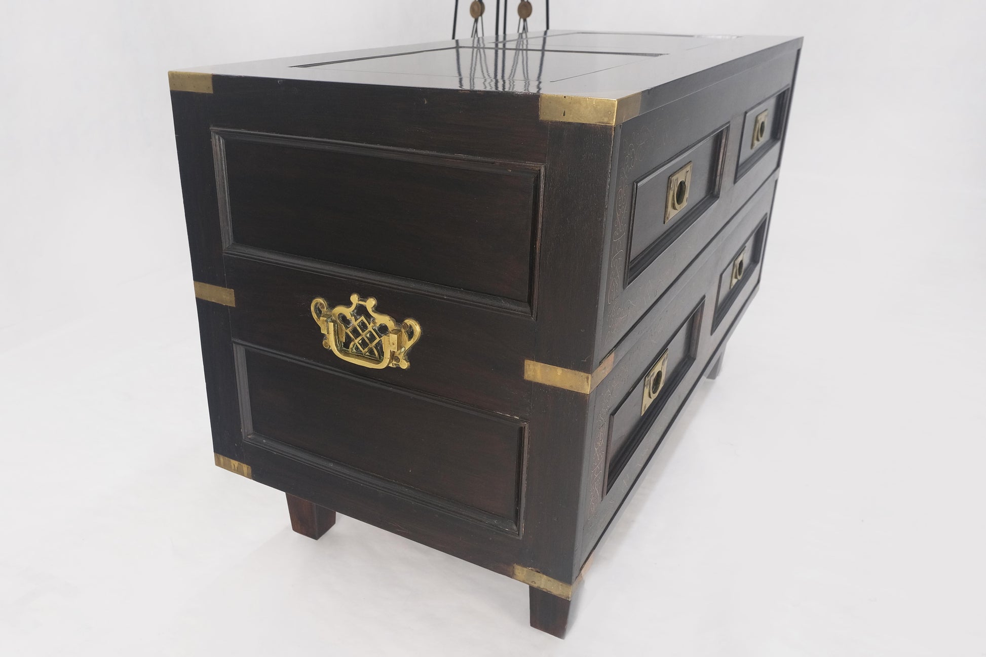 EstablishedLines Campaign Style Ebonized Mahogany Brass Inlay Two Drawers Small Dresser Chest