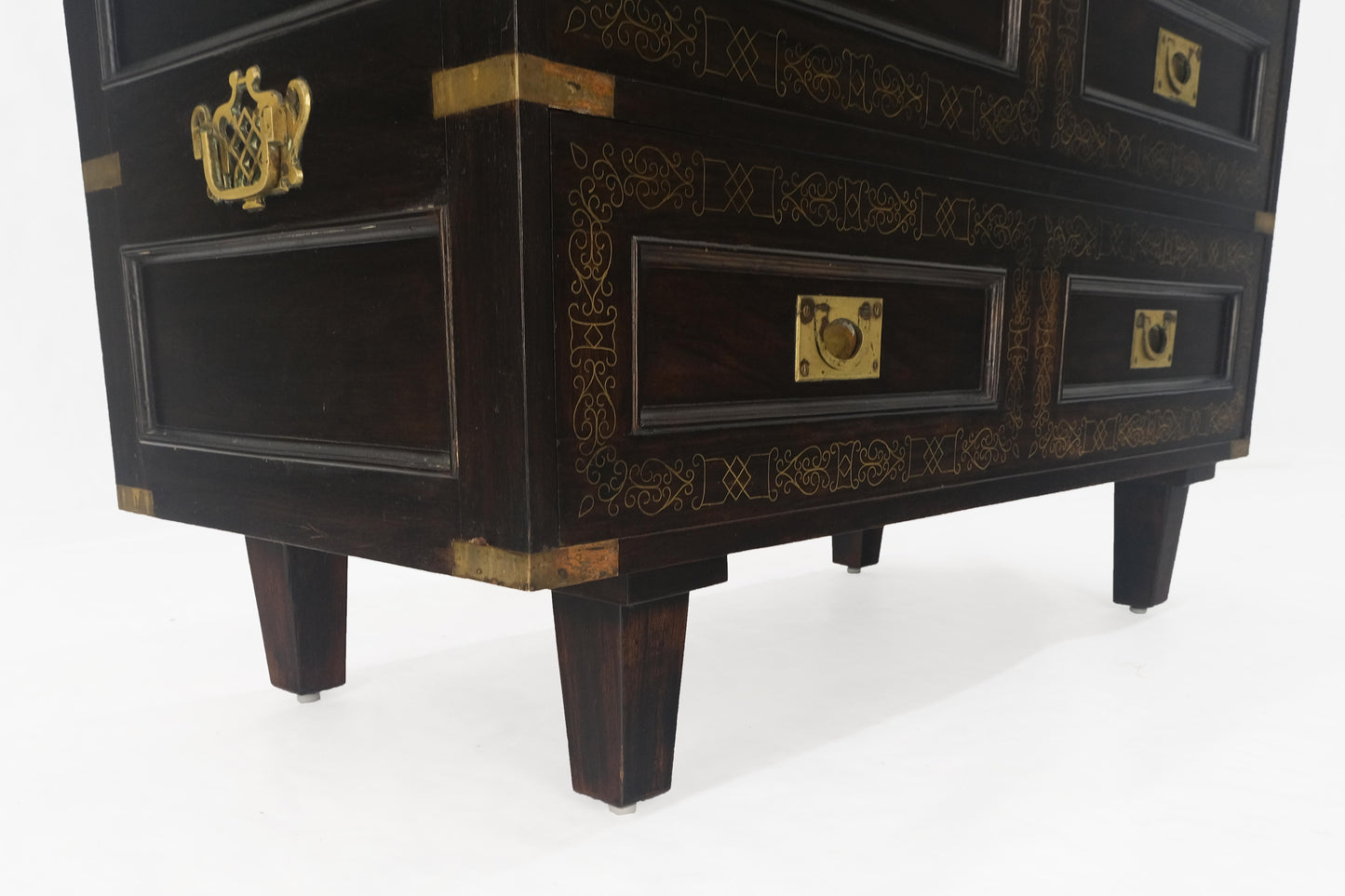 EstablishedLines Campaign Style Ebonized Mahogany Brass Inlay Two Drawers Small Dresser Chest