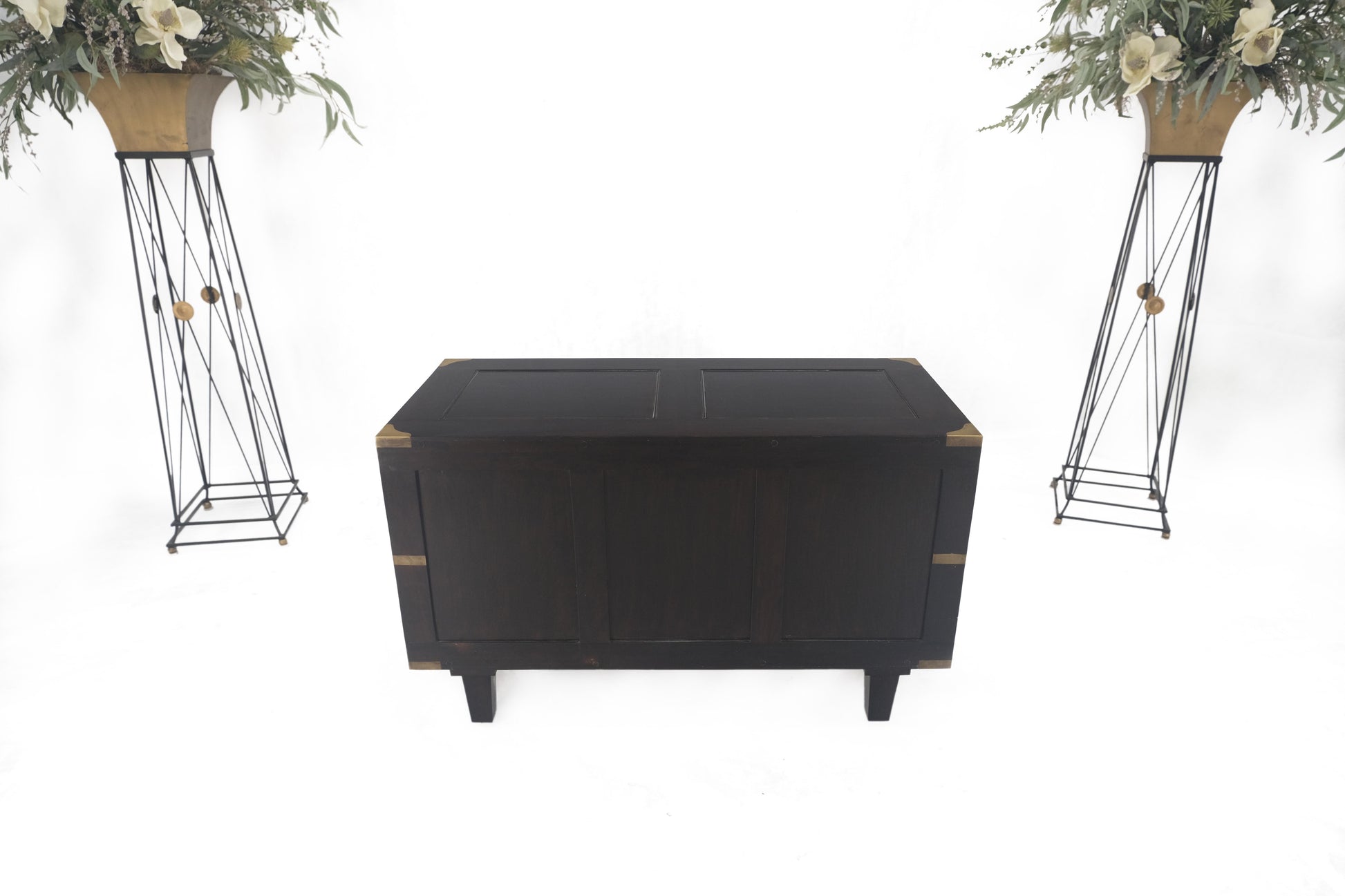 EstablishedLines Campaign Style Ebonized Mahogany Brass Inlay Two Drawers Small Dresser Chest
