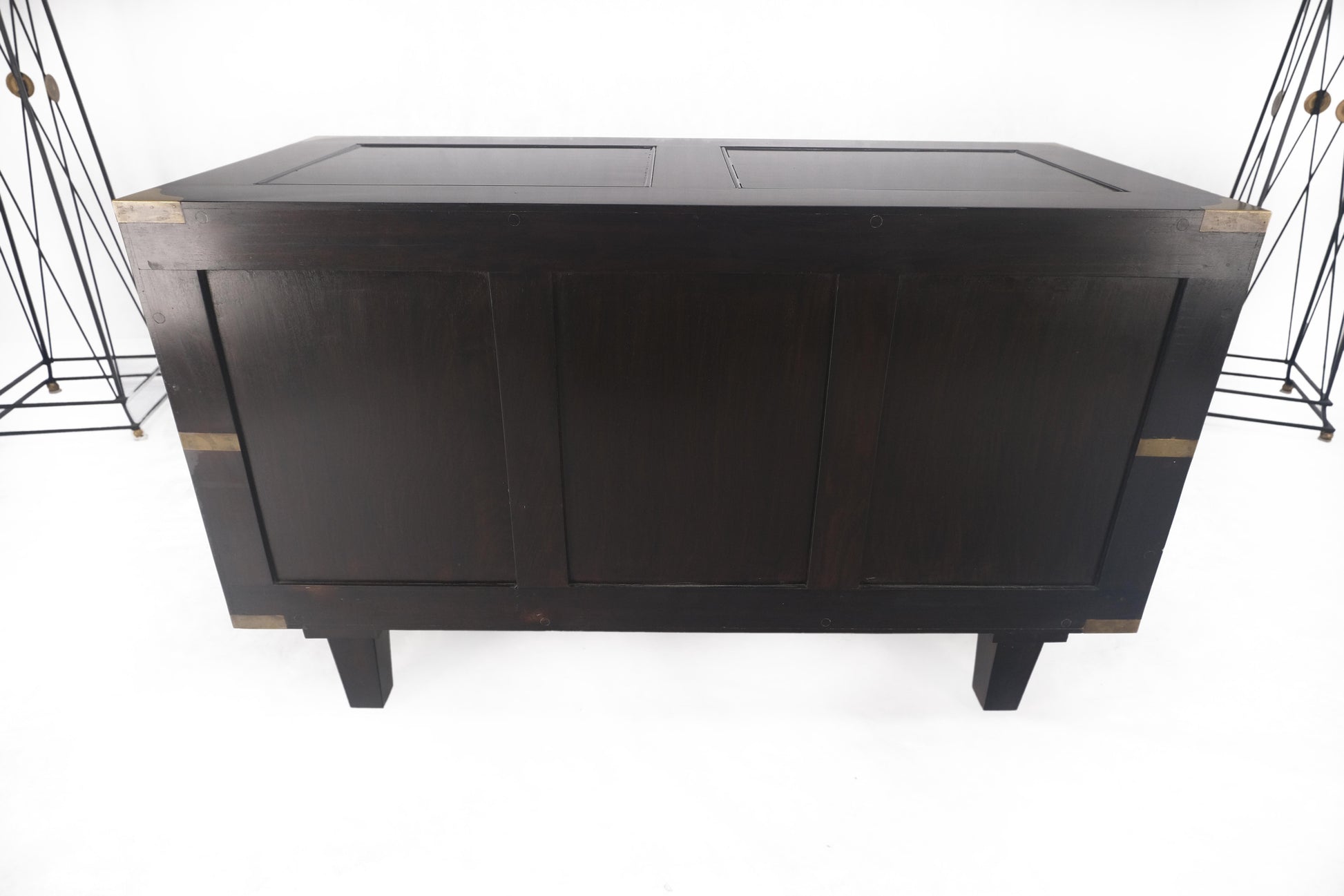 EstablishedLines Campaign Style Ebonized Mahogany Brass Inlay Two Drawers Small Dresser Chest