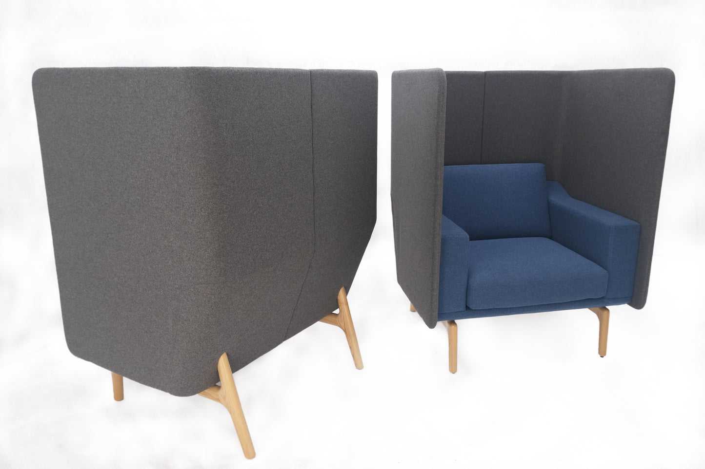 EstablishedLines Pair Mid Century Modern Wingback Lounge Chairs Blue Grey Wool Upholstery MINT!