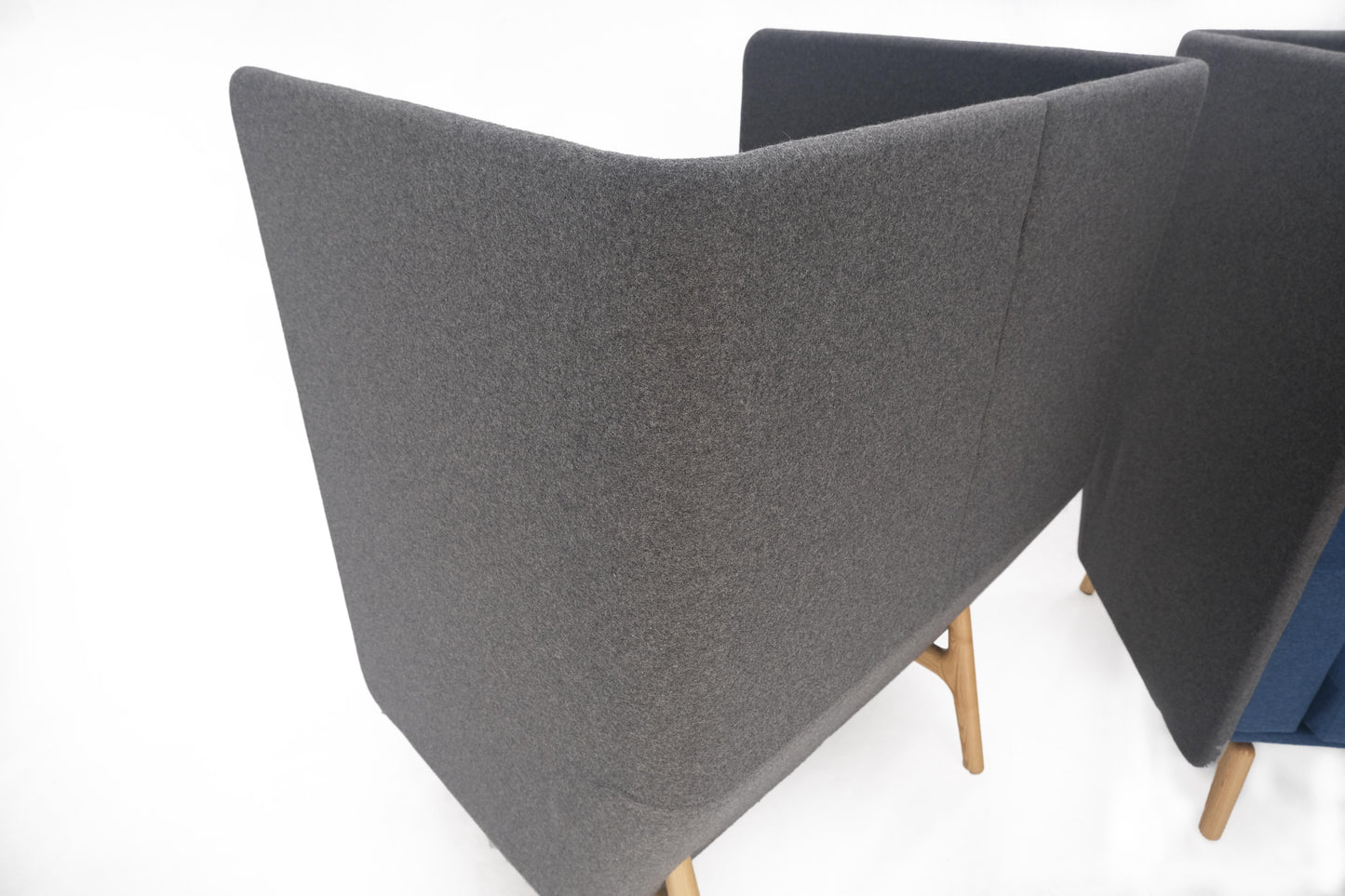 EstablishedLines Pair Mid Century Modern Wingback Lounge Chairs Blue Grey Wool Upholstery MINT!