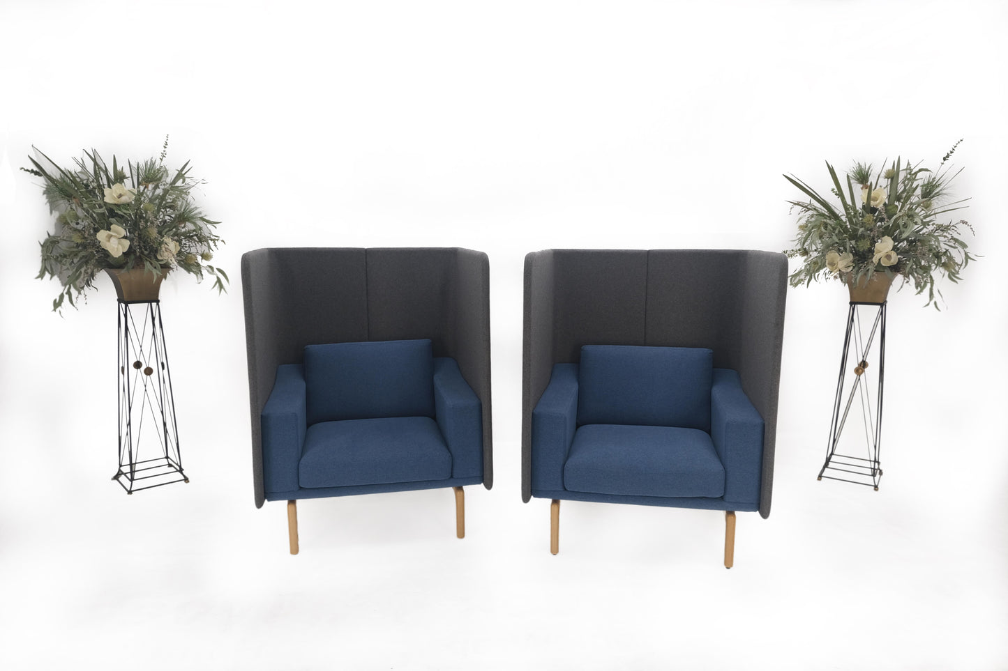 EstablishedLines Pair Mid Century Modern Wingback Lounge Chairs Blue Grey Wool Upholstery MINT!