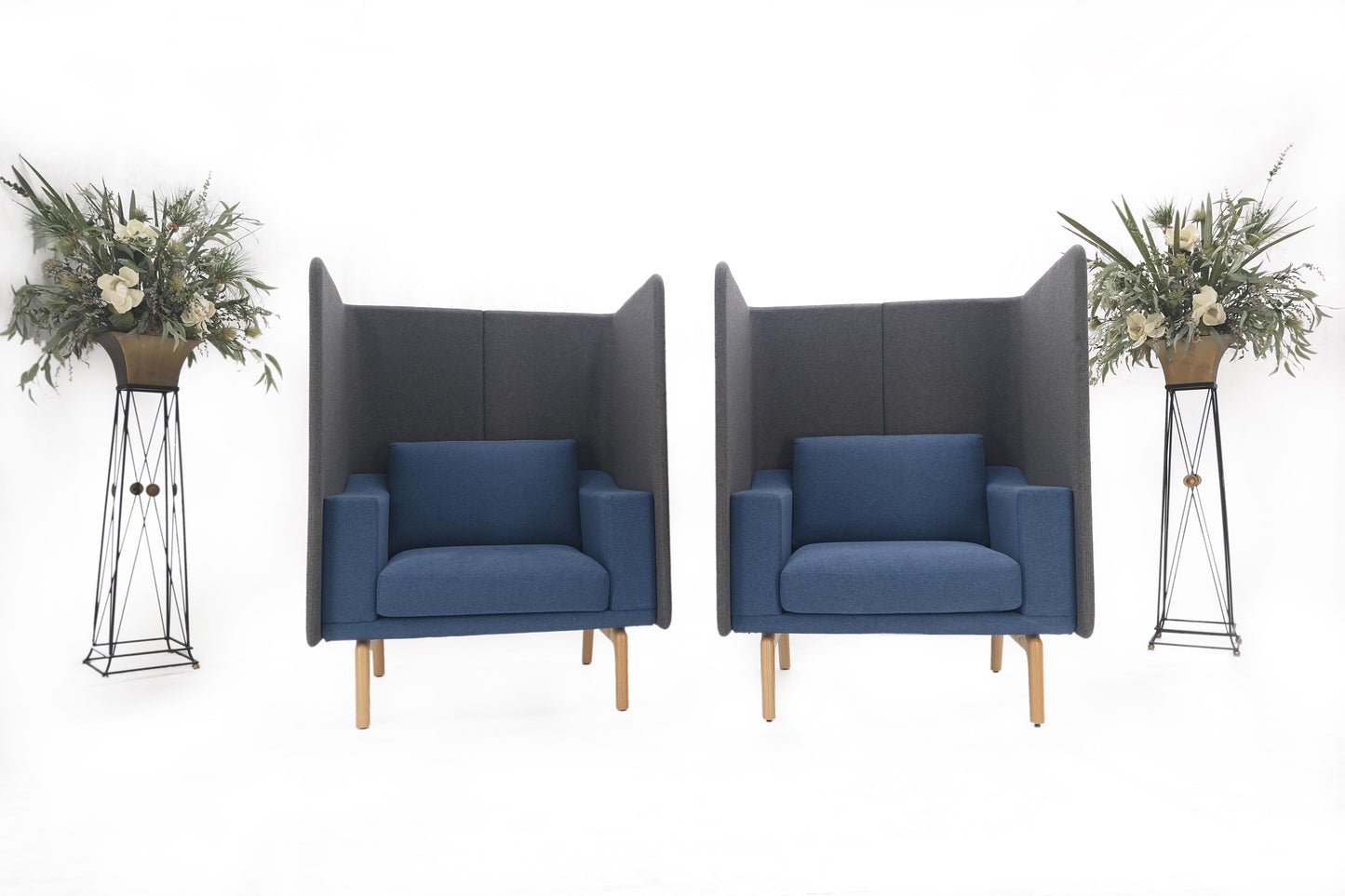 EstablishedLines Pair Mid Century Modern Wingback Lounge Chairs Blue Grey Wool Upholstery MINT!