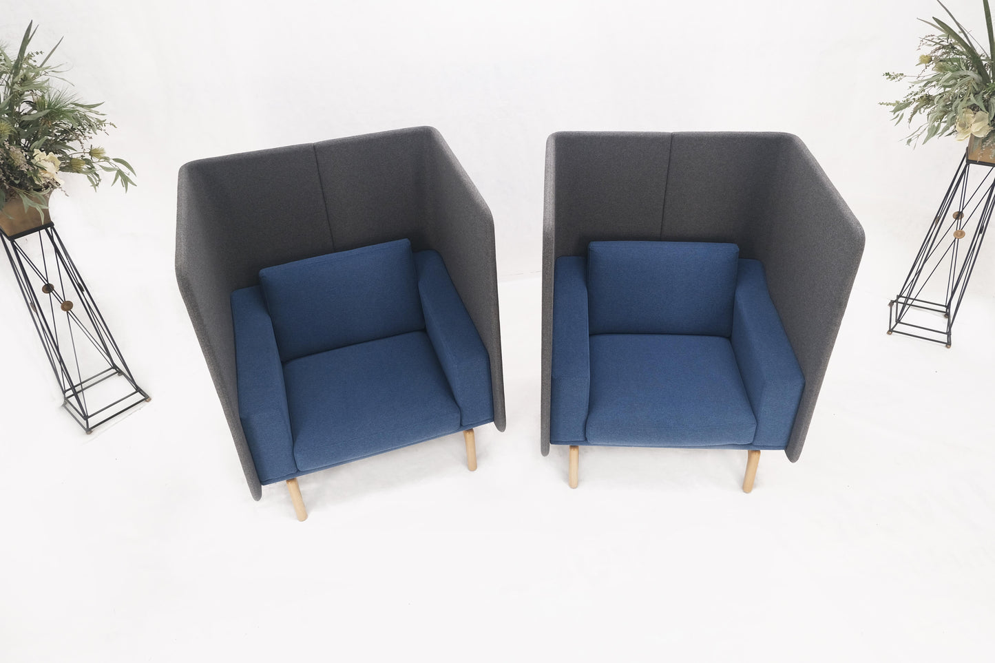 EstablishedLines Pair Mid Century Modern Wingback Lounge Chairs Blue Grey Wool Upholstery MINT!