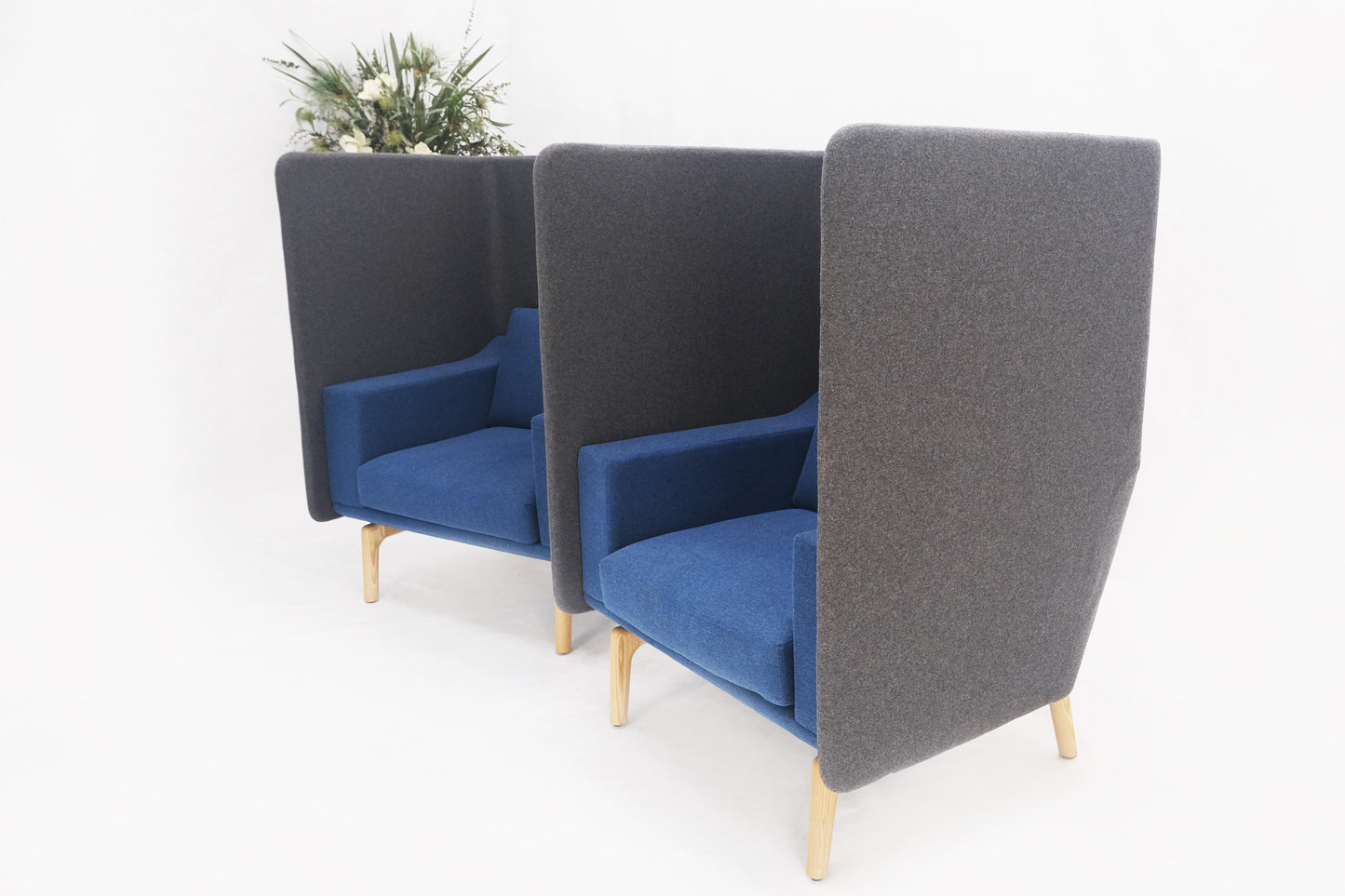 EstablishedLines Pair Mid Century Modern Wingback Lounge Chairs Blue Grey Wool Upholstery MINT!