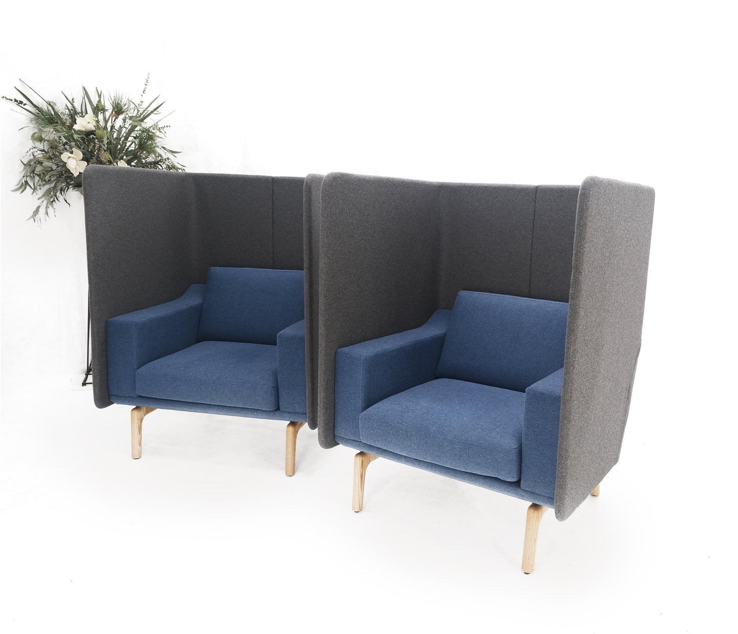 EstablishedLines Pair Mid Century Modern Wingback Lounge Chairs Blue Grey Wool Upholstery MINT!