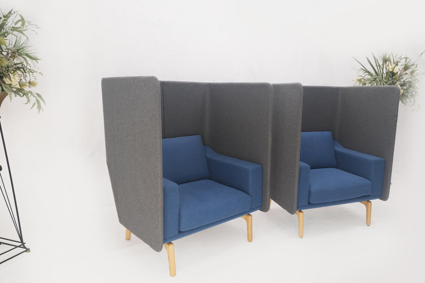 EstablishedLines Pair Mid Century Modern Wingback Lounge Chairs Blue Grey Wool Upholstery MINT!