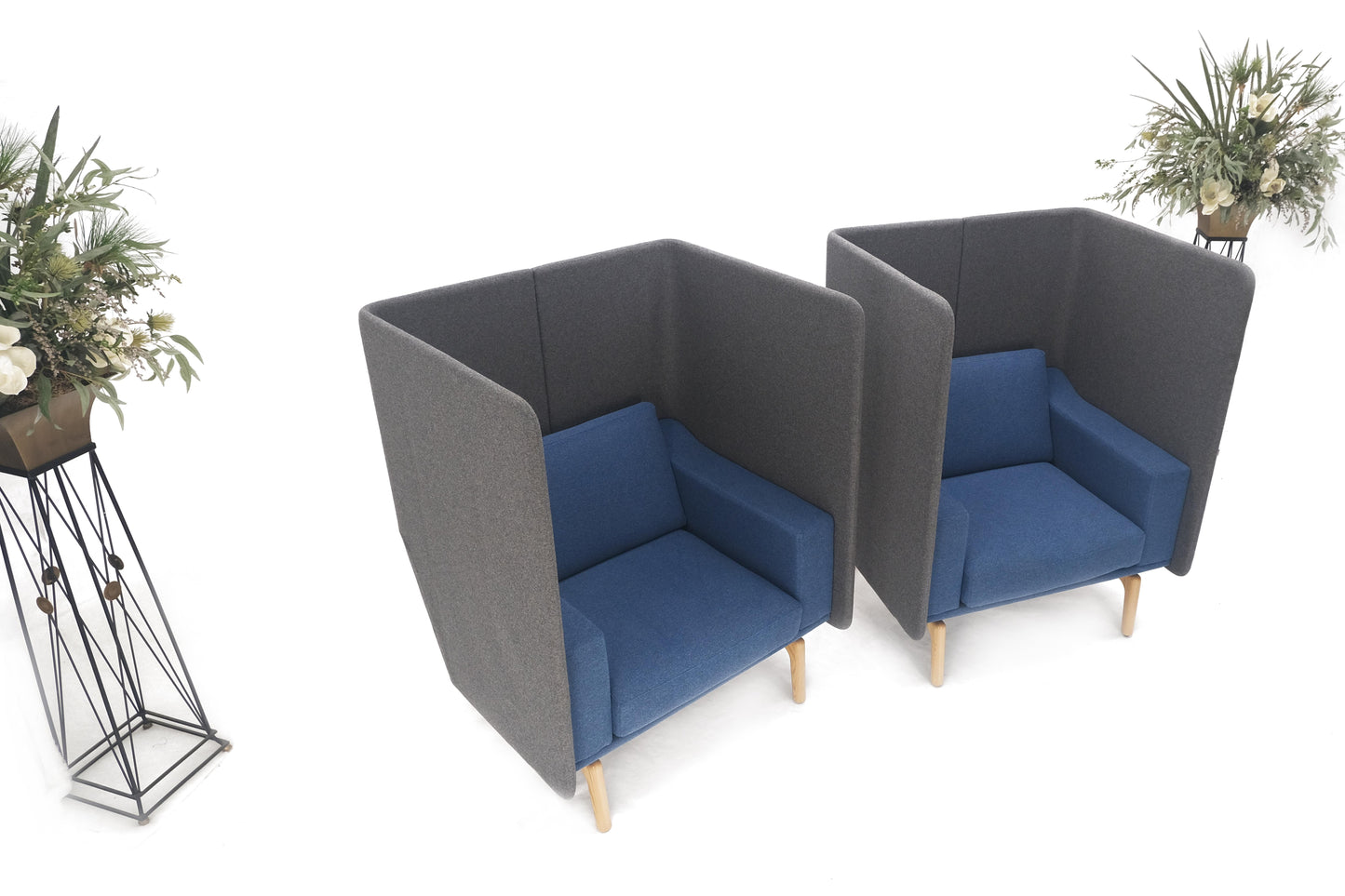 EstablishedLines Pair Mid Century Modern Wingback Lounge Chairs Blue Grey Wool Upholstery MINT!