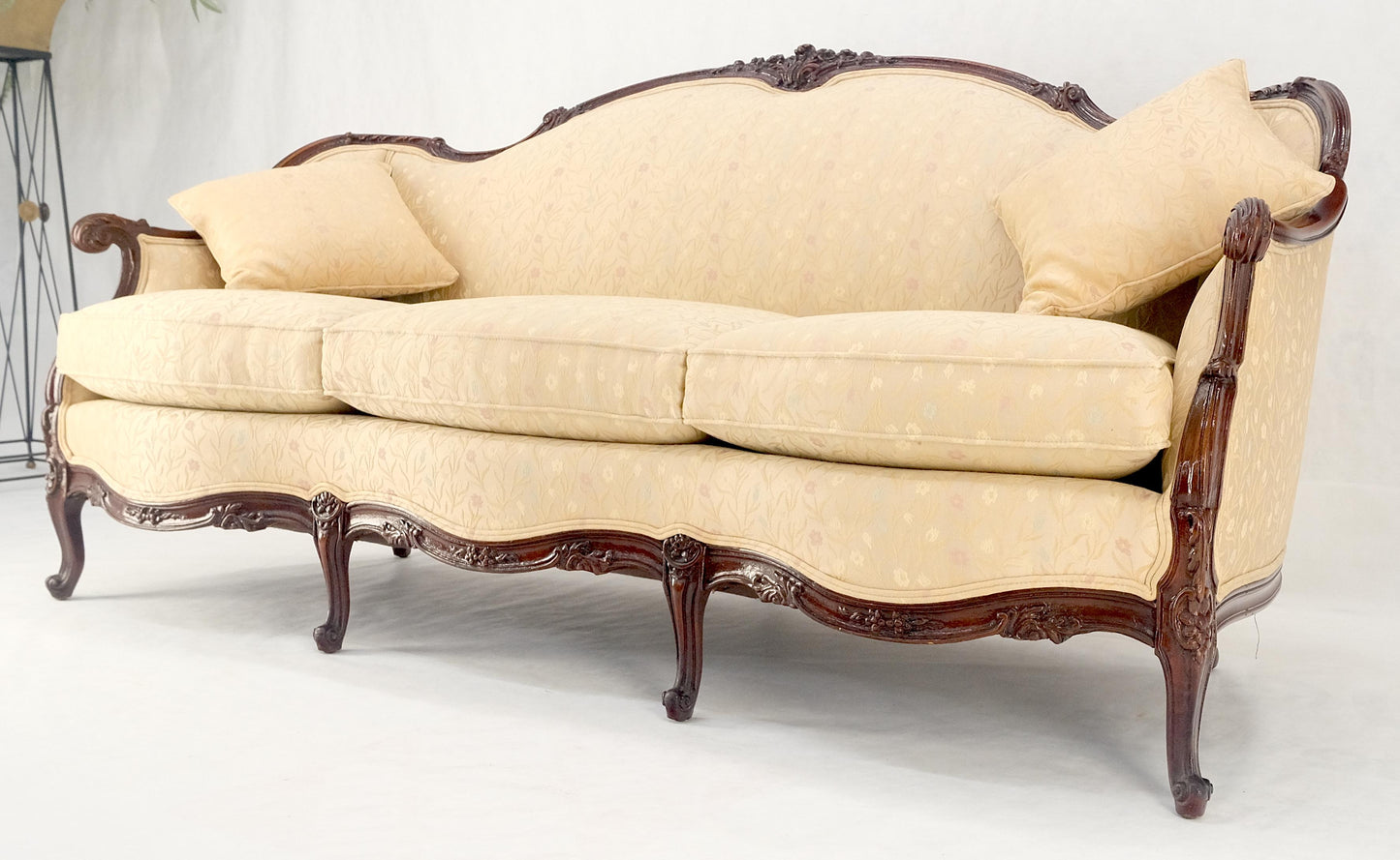 EstablishedLines Very Fine Carved Mahogany Frame Cream Upholstery Curved Back French Sofa MINT!