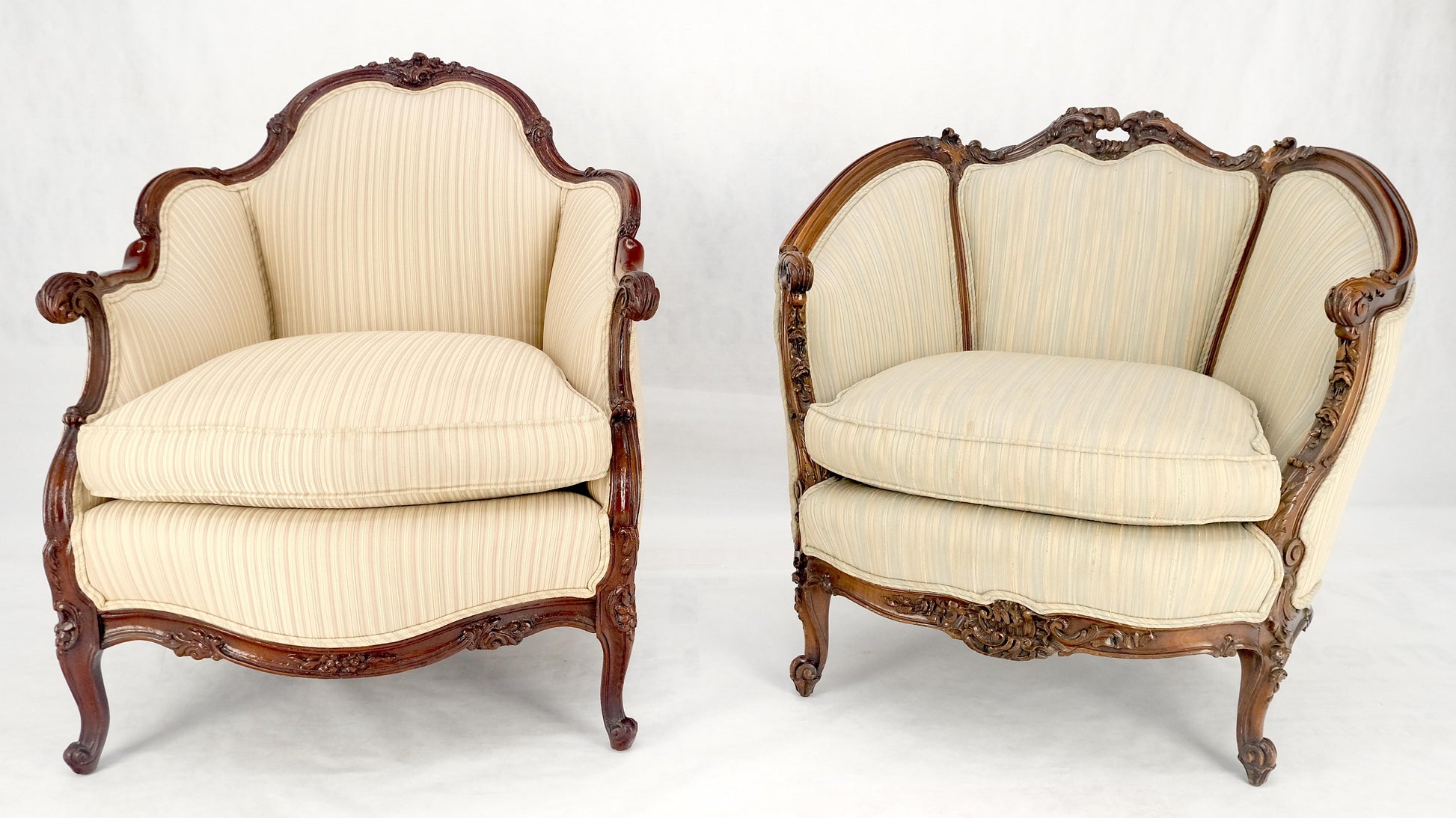 EstablishedLines Pair of His & Hers French Very Fine Carved Mahogany Louis XV Lounge Chairs Clean