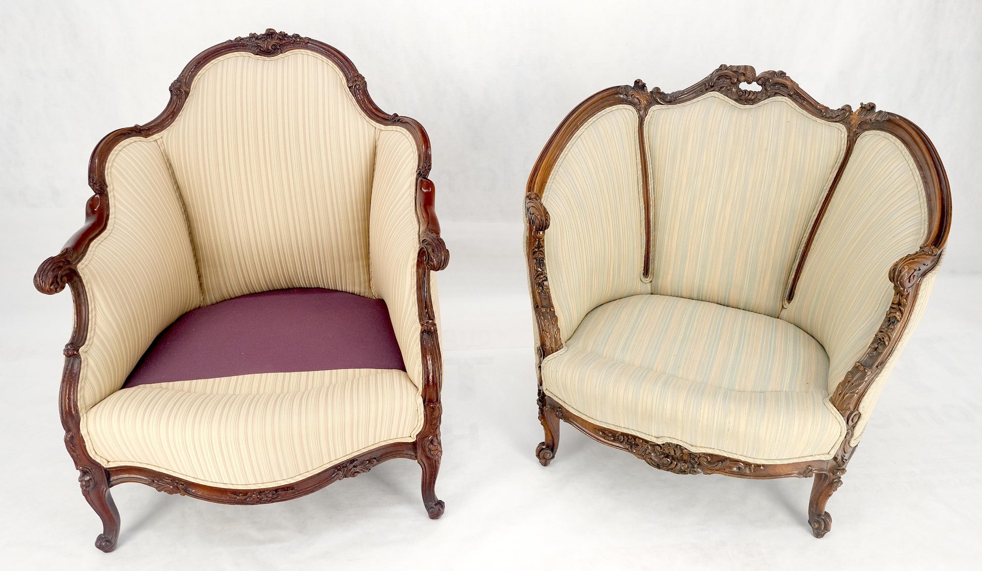 EstablishedLines Pair of His & Hers French Very Fine Carved Mahogany Louis XV Lounge Chairs Clean