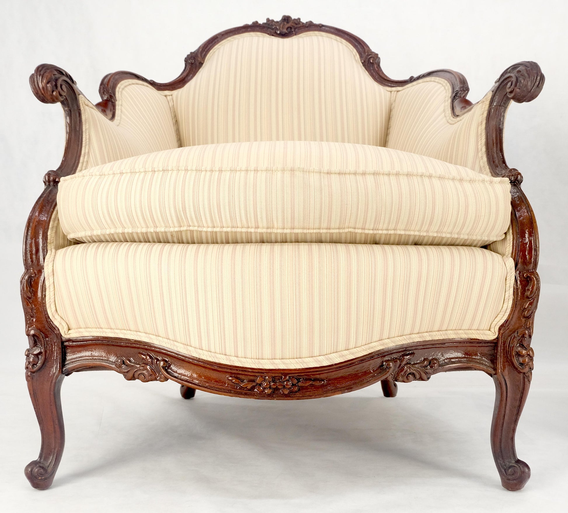 EstablishedLines Pair of His & Hers French Very Fine Carved Mahogany Louis XV Lounge Chairs Clean