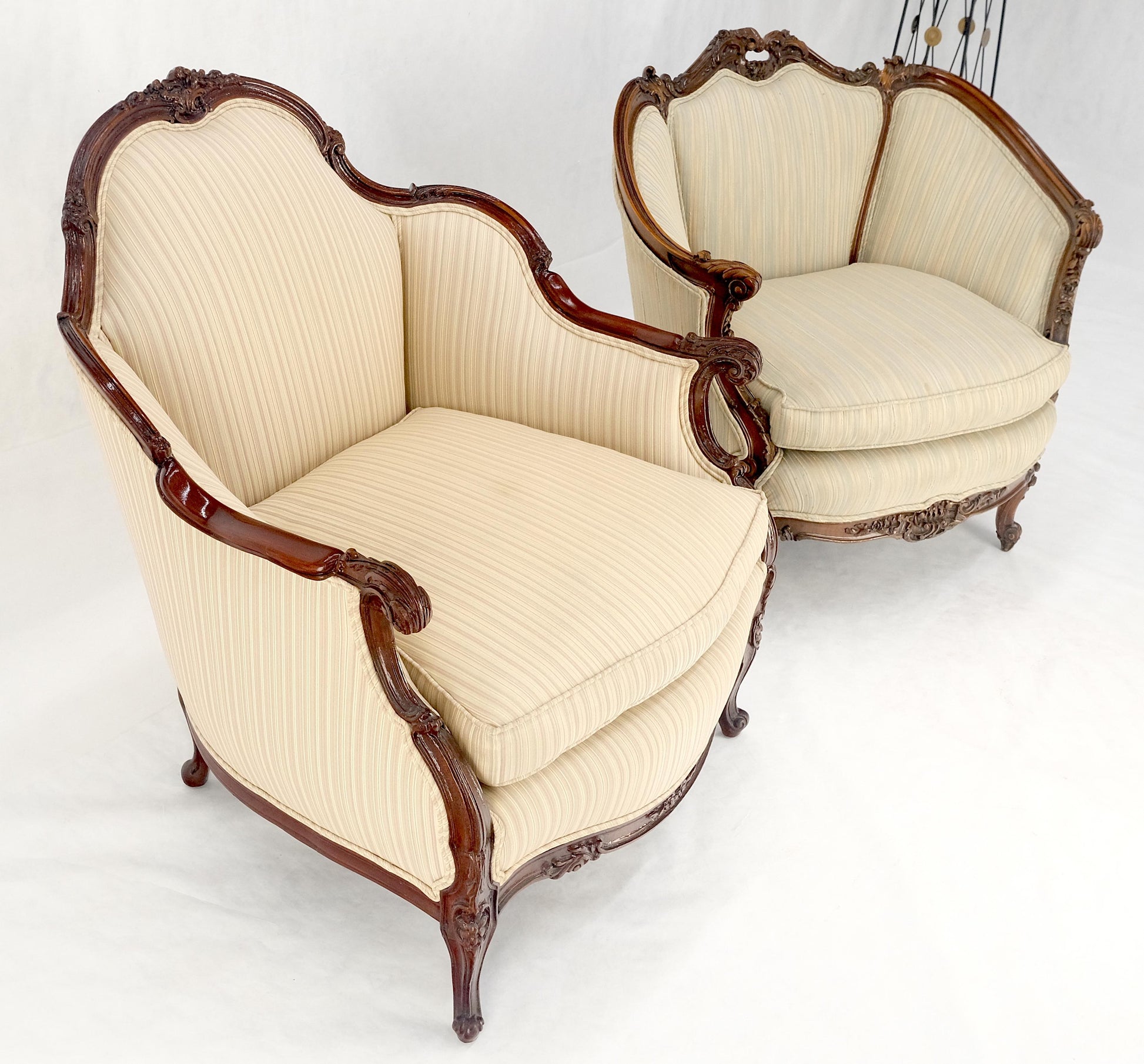 EstablishedLines Pair of His & Hers French Very Fine Carved Mahogany Louis XV Lounge Chairs Clean
