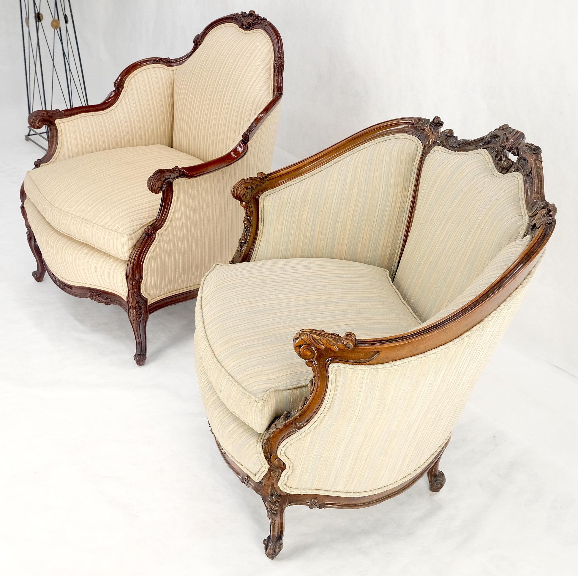 EstablishedLines Pair of His & Hers French Very Fine Carved Mahogany Louis XV Lounge Chairs Clean