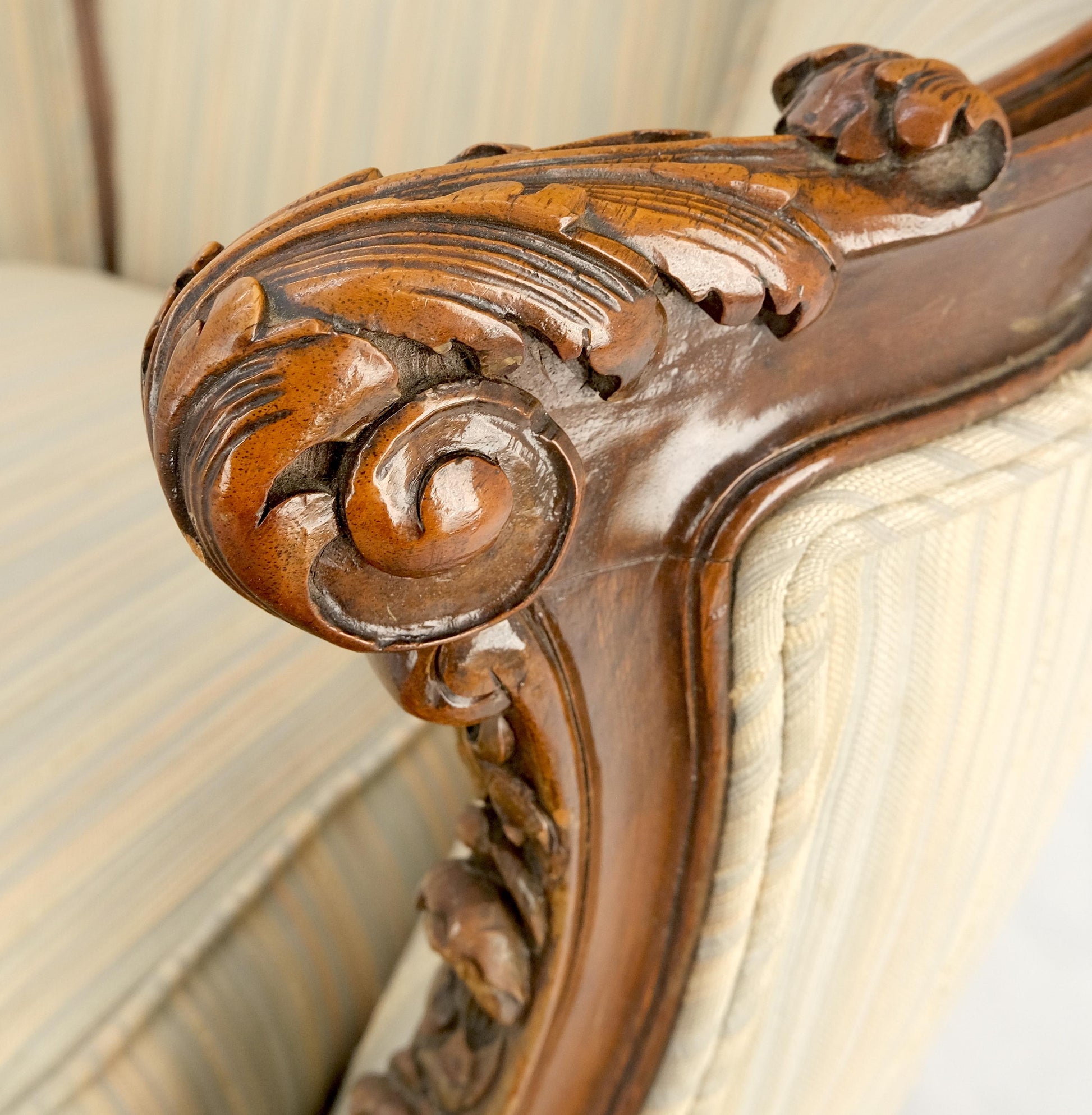 EstablishedLines Pair of His & Hers French Very Fine Carved Mahogany Louis XV Lounge Chairs Clean