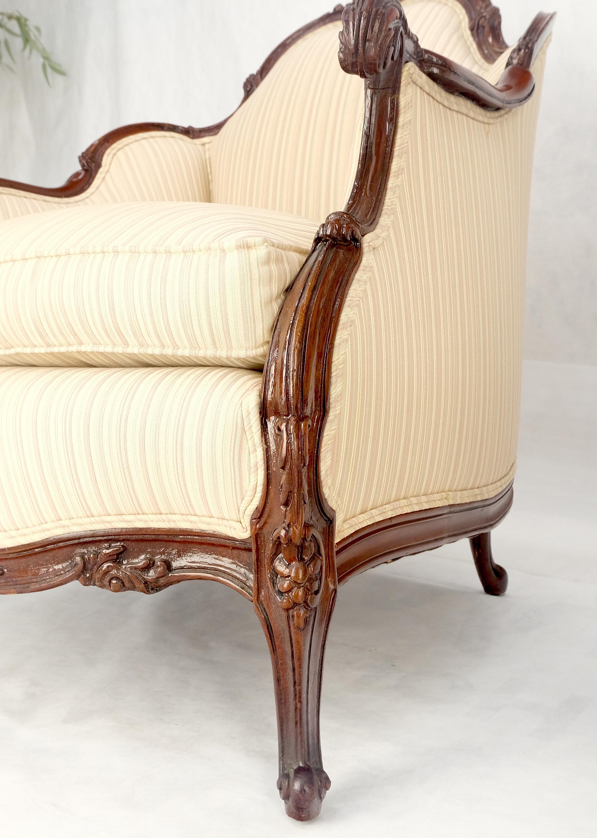 EstablishedLines Pair of His & Hers French Very Fine Carved Mahogany Louis XV Lounge Chairs Clean