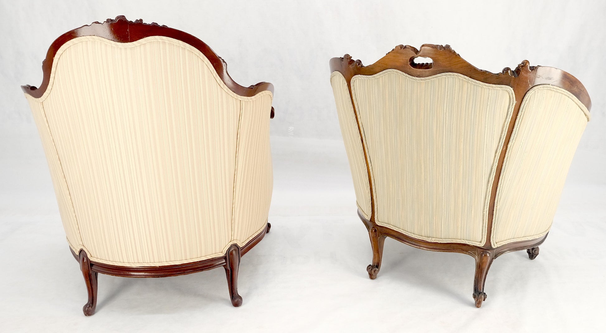 EstablishedLines Pair of His & Hers French Very Fine Carved Mahogany Louis XV Lounge Chairs Clean