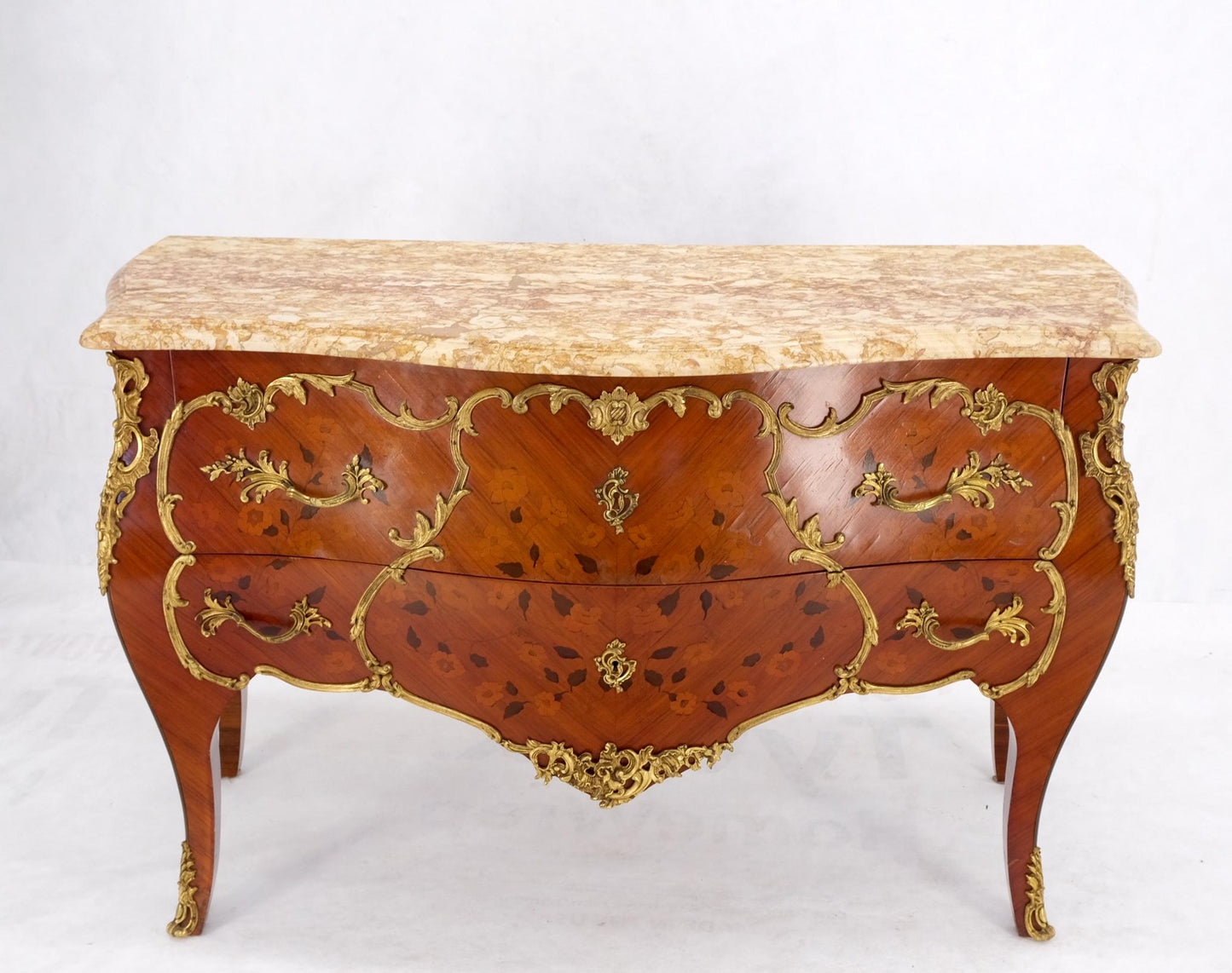 EstablishedLines French Inlay Brass Ormolu Bombay Dresser Console Cabinet Chest Marble Top