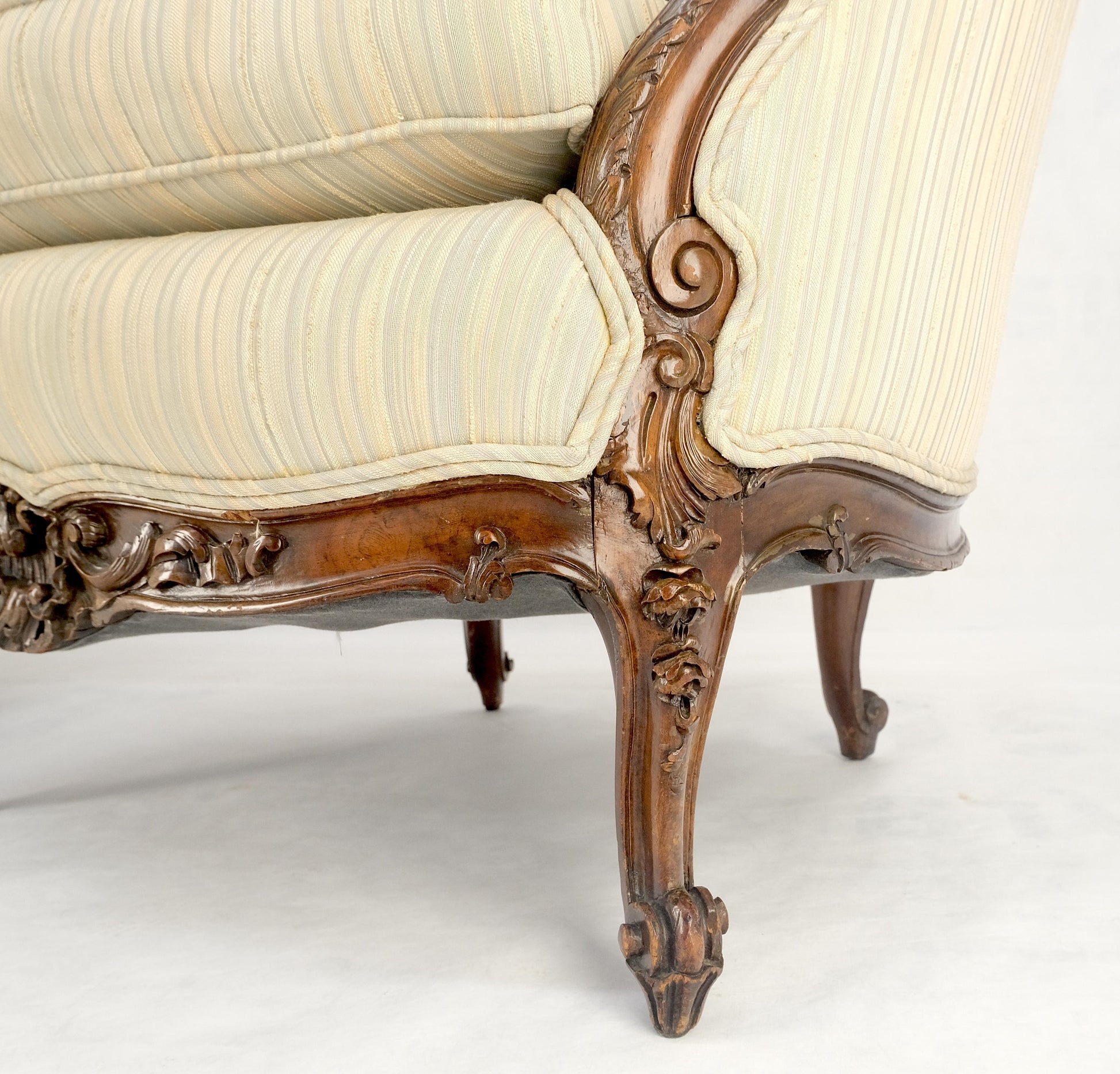 EstablishedLines Pair of His & Hers French Very Fine Carved Mahogany Louis XV Lounge Chairs Clean