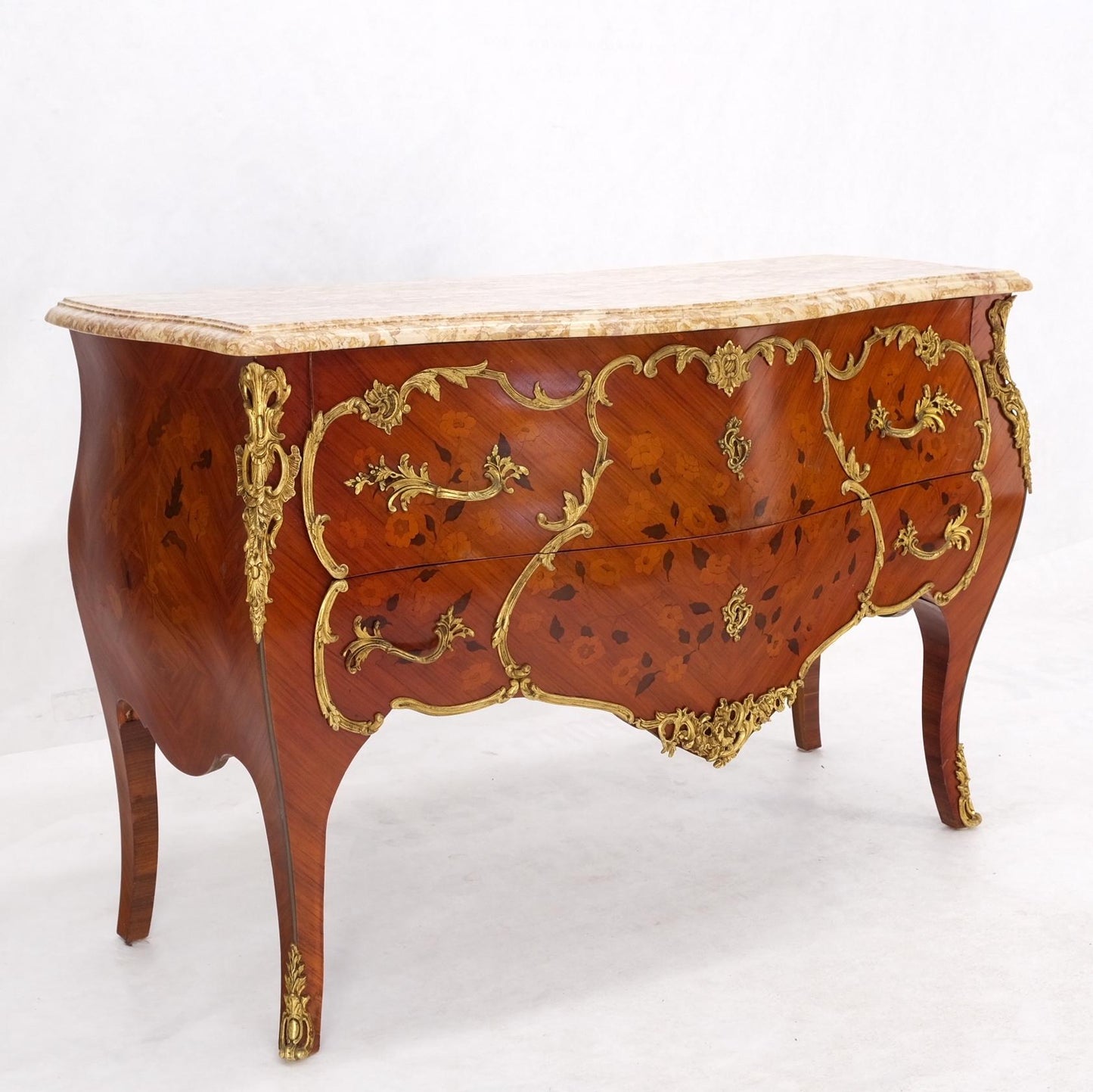 EstablishedLines French Inlay Brass Ormolu Bombay Dresser Console Cabinet Chest Marble Top
