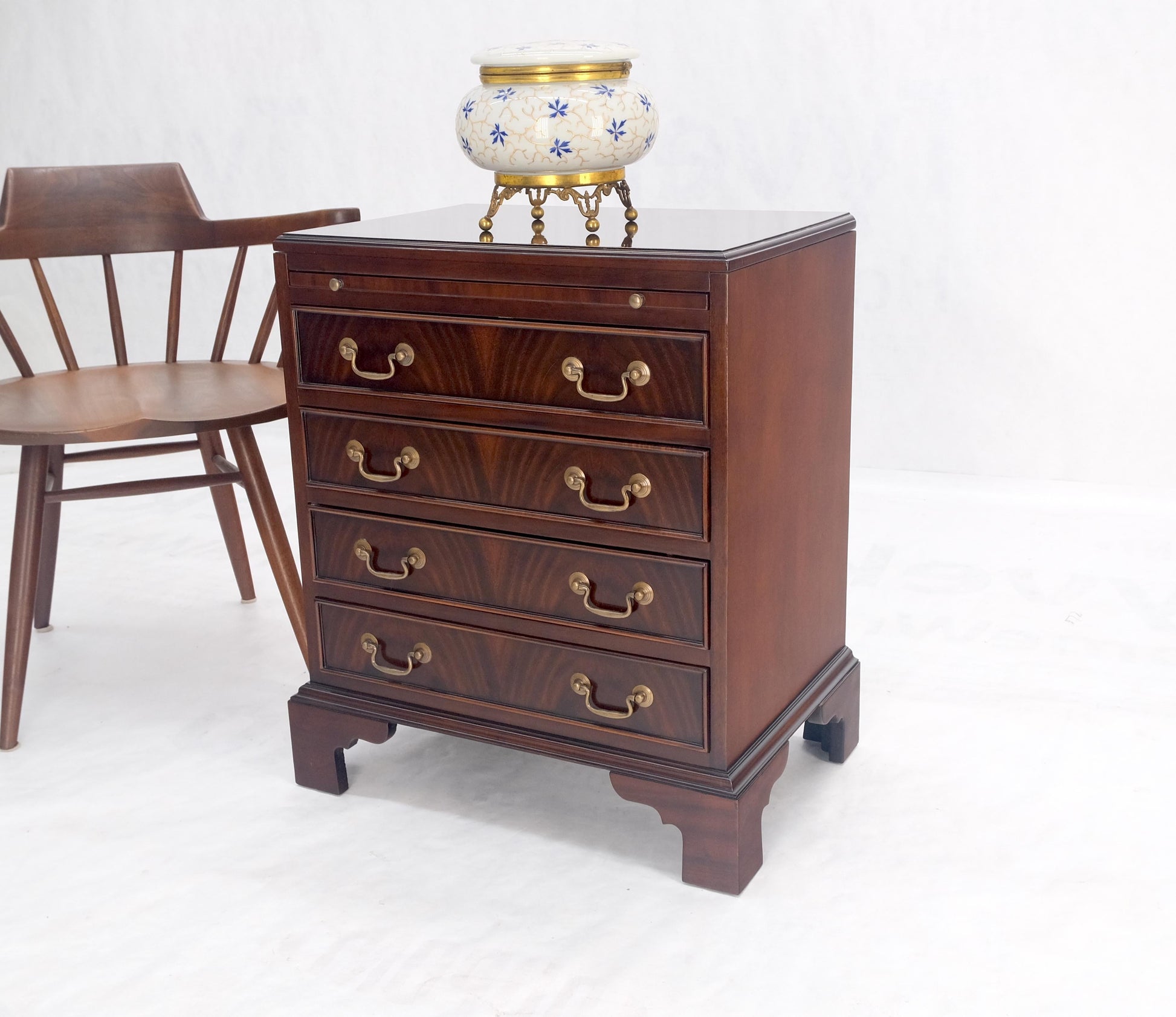 EstablishedLines Pull Out Tray 4 Drawers Flame Mahogany Brass Pull Compact Bachelor Chest Dresser