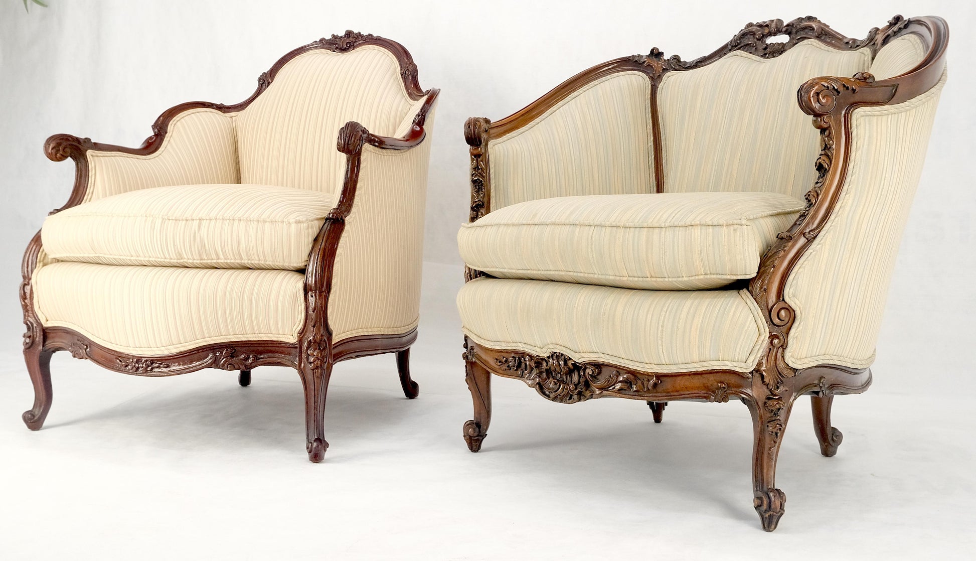 EstablishedLines Pair of His & Hers French Very Fine Carved Mahogany Louis XV Lounge Chairs Clean