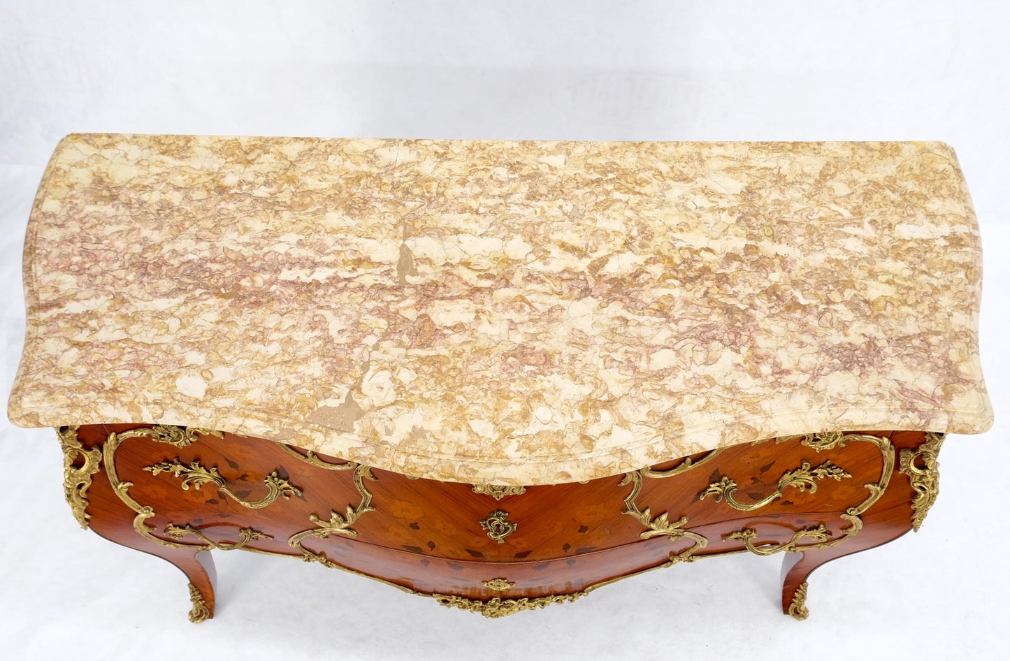 EstablishedLines French Inlay Brass Ormolu Bombay Dresser Console Cabinet Chest Marble Top