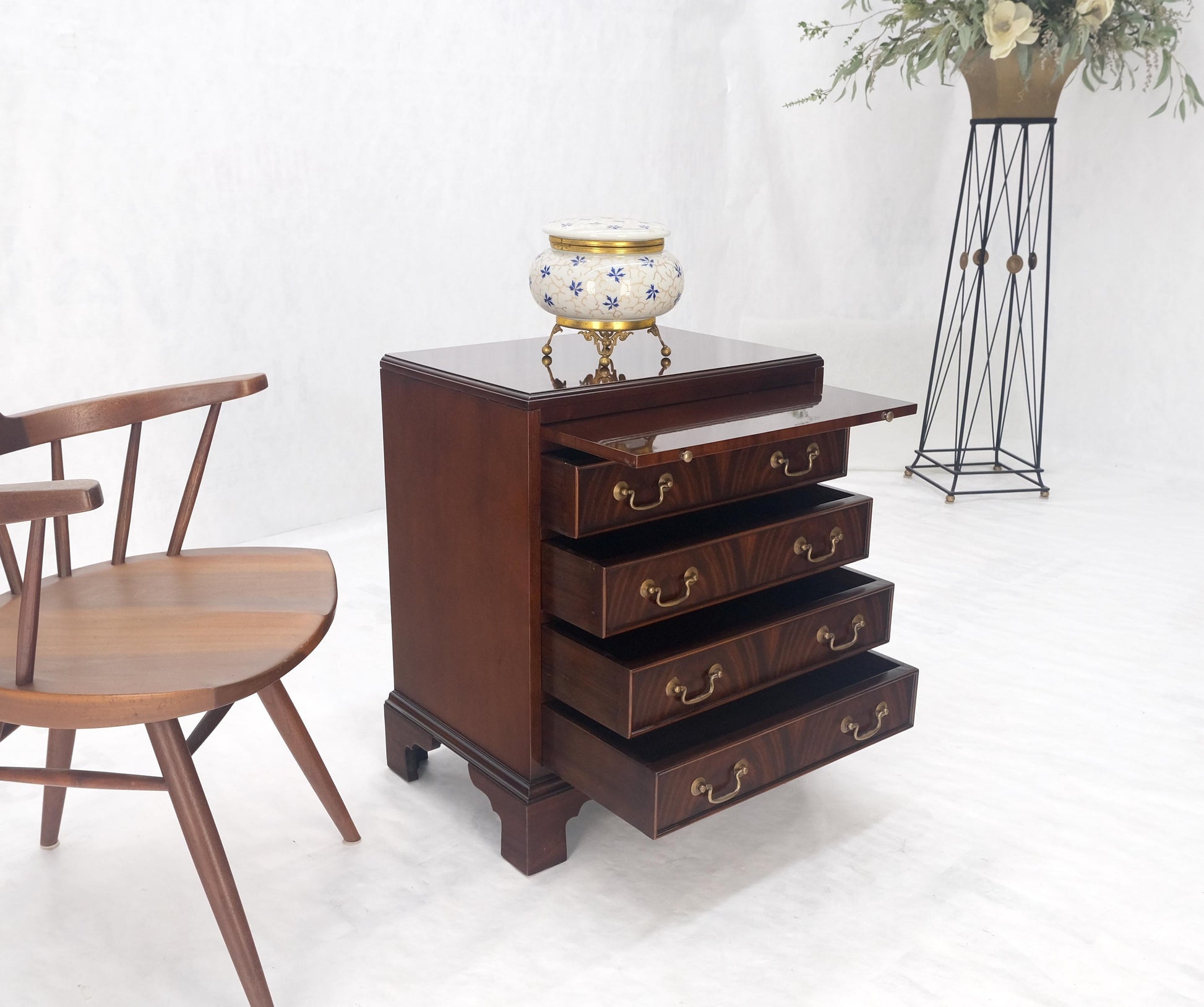 EstablishedLines Pull Out Tray 4 Drawers Flame Mahogany Brass Pull Compact Bachelor Chest Dresser