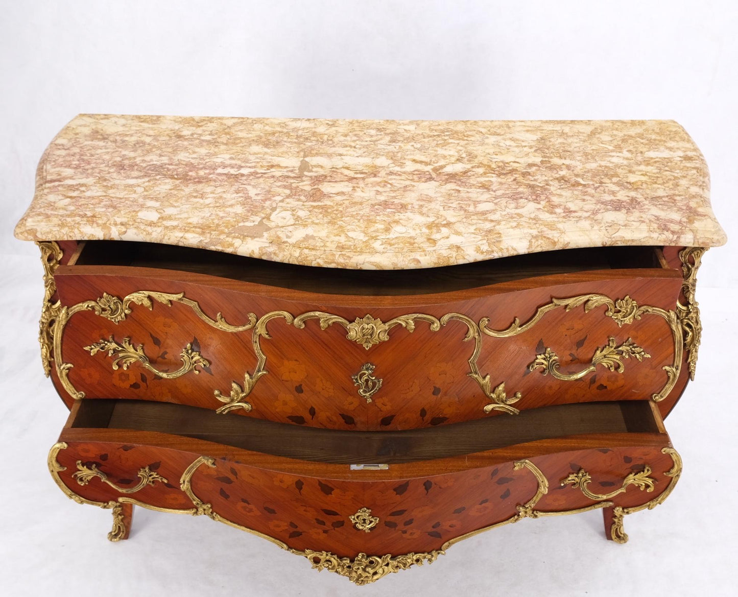 EstablishedLines French Inlay Brass Ormolu Bombay Dresser Console Cabinet Chest Marble Top