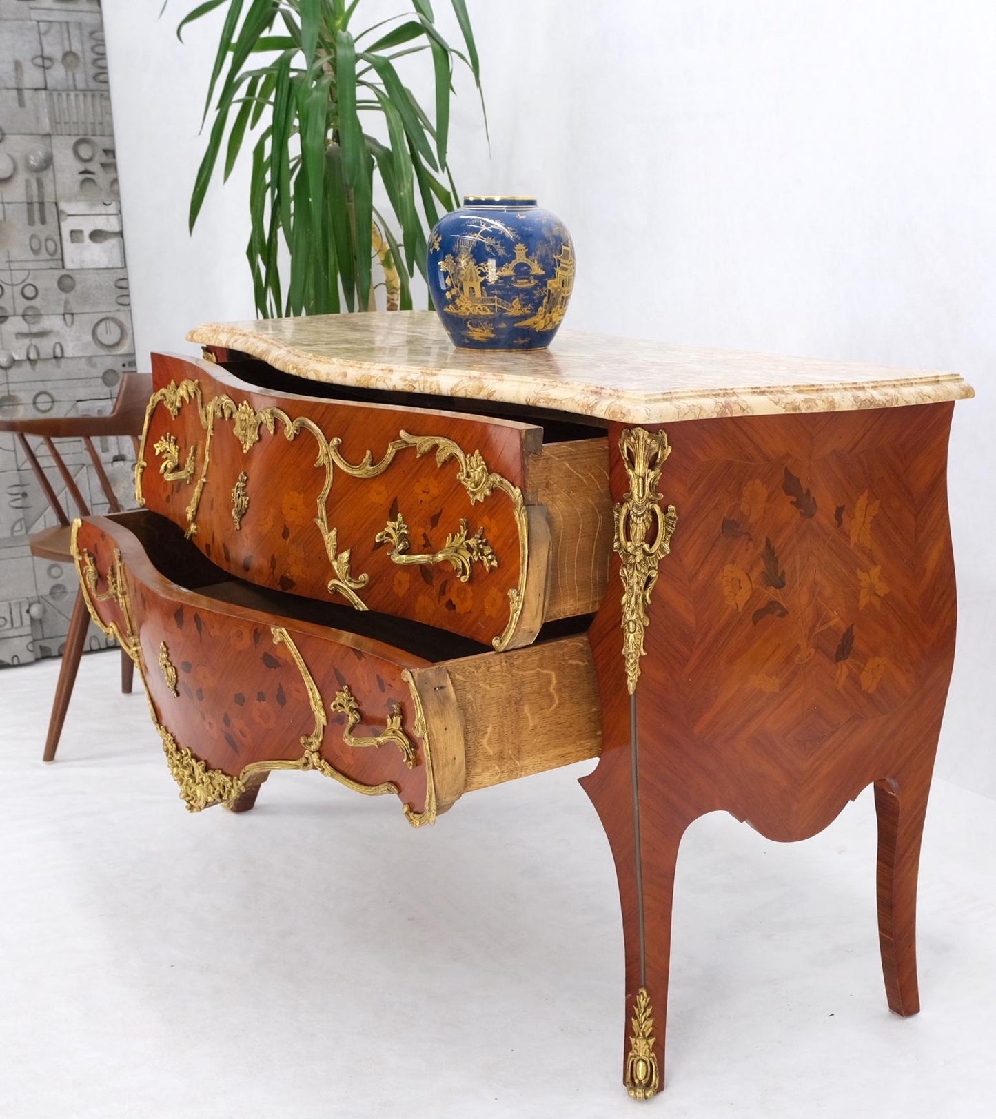 EstablishedLines French Inlay Brass Ormolu Bombay Dresser Console Cabinet Chest Marble Top