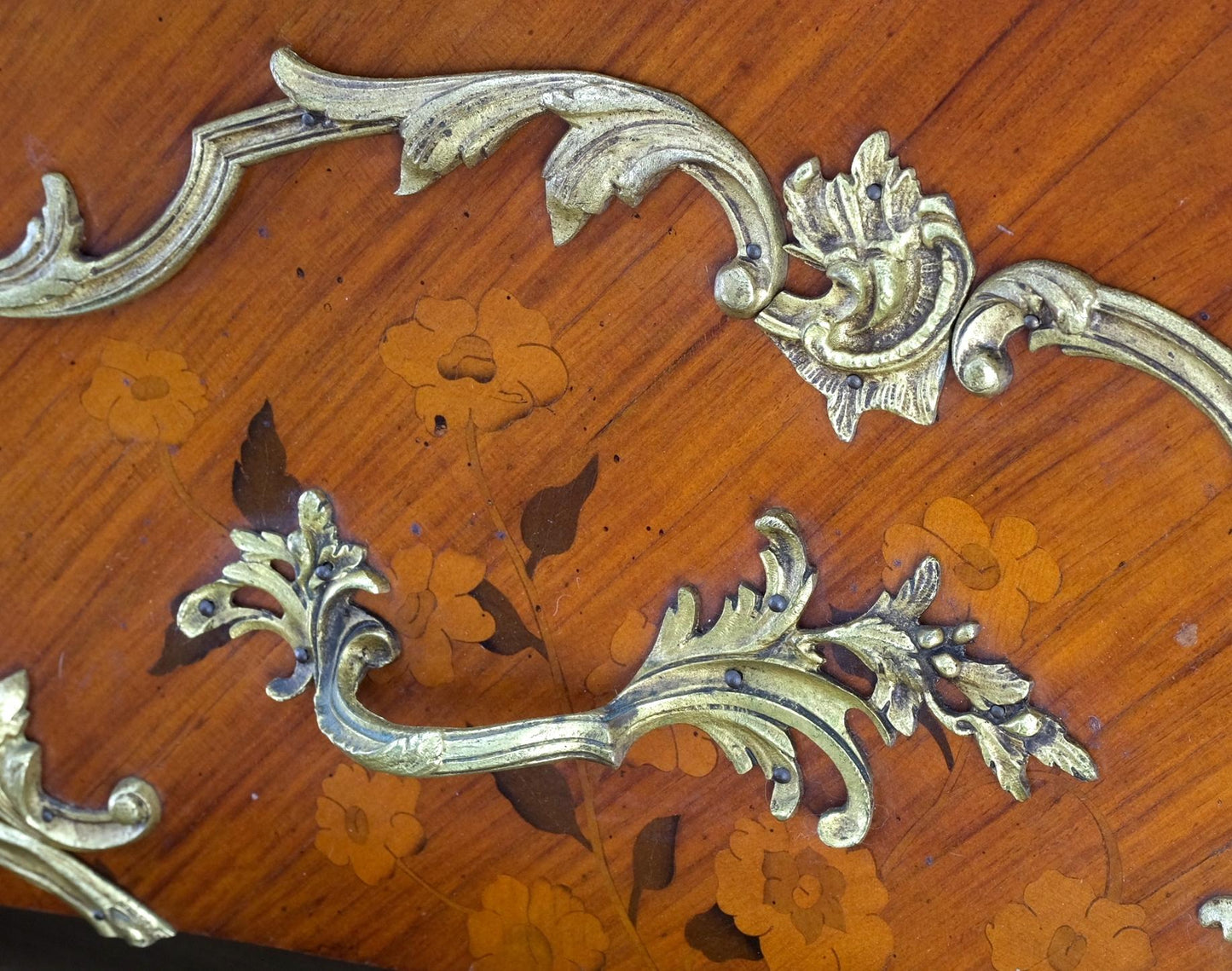 EstablishedLines French Inlay Brass Ormolu Bombay Dresser Console Cabinet Chest Marble Top
